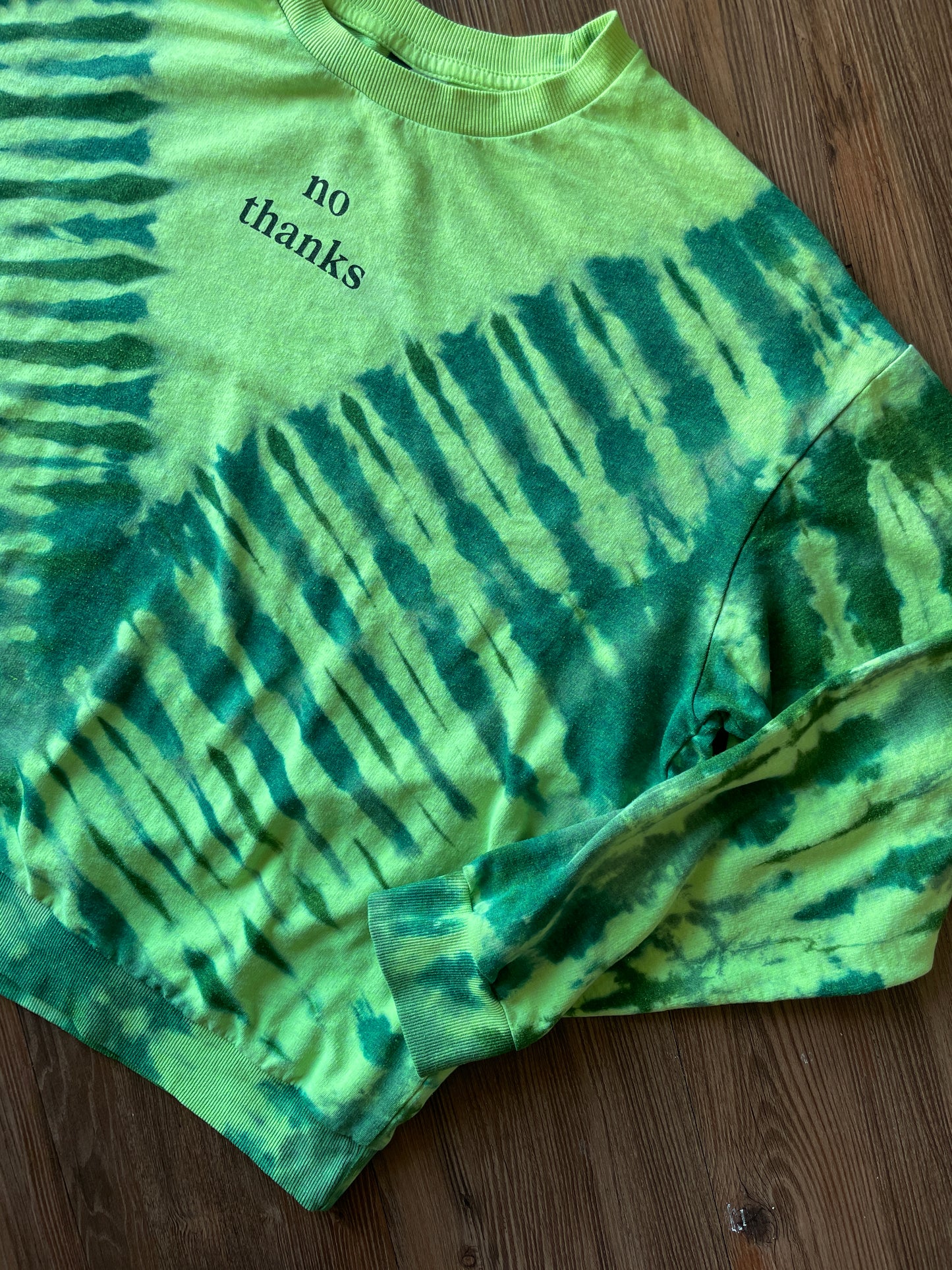 XL Women’s No Thanks Handmade Tie Dye Long Sleeve T-Shirt | One-Of-a-Kind Neon Green and Blue Long Sleeve