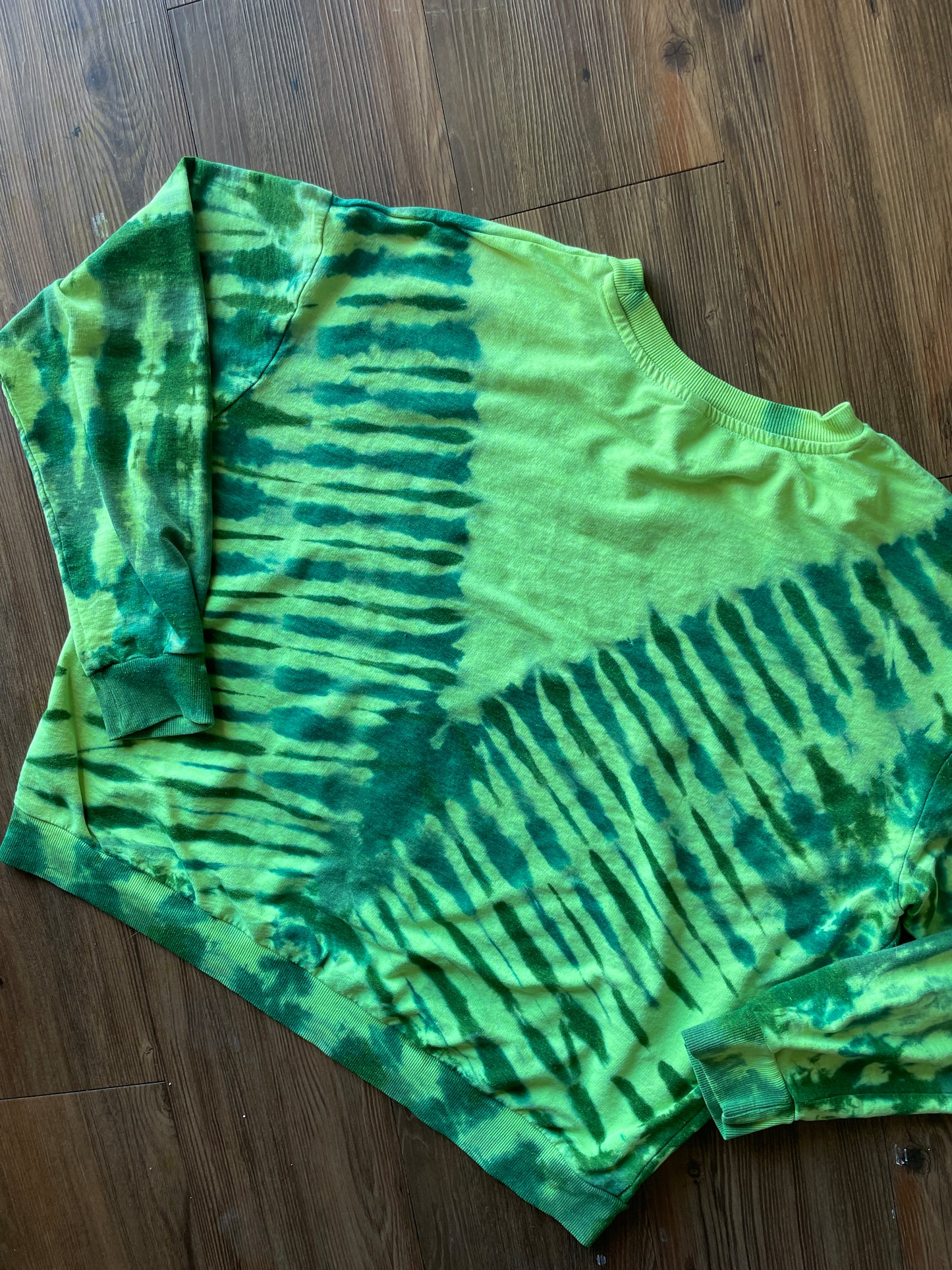 XL Women’s No Thanks Handmade Tie Dye Long Sleeve T-Shirt | One-Of-a-Kind Neon Green and Blue Long Sleeve