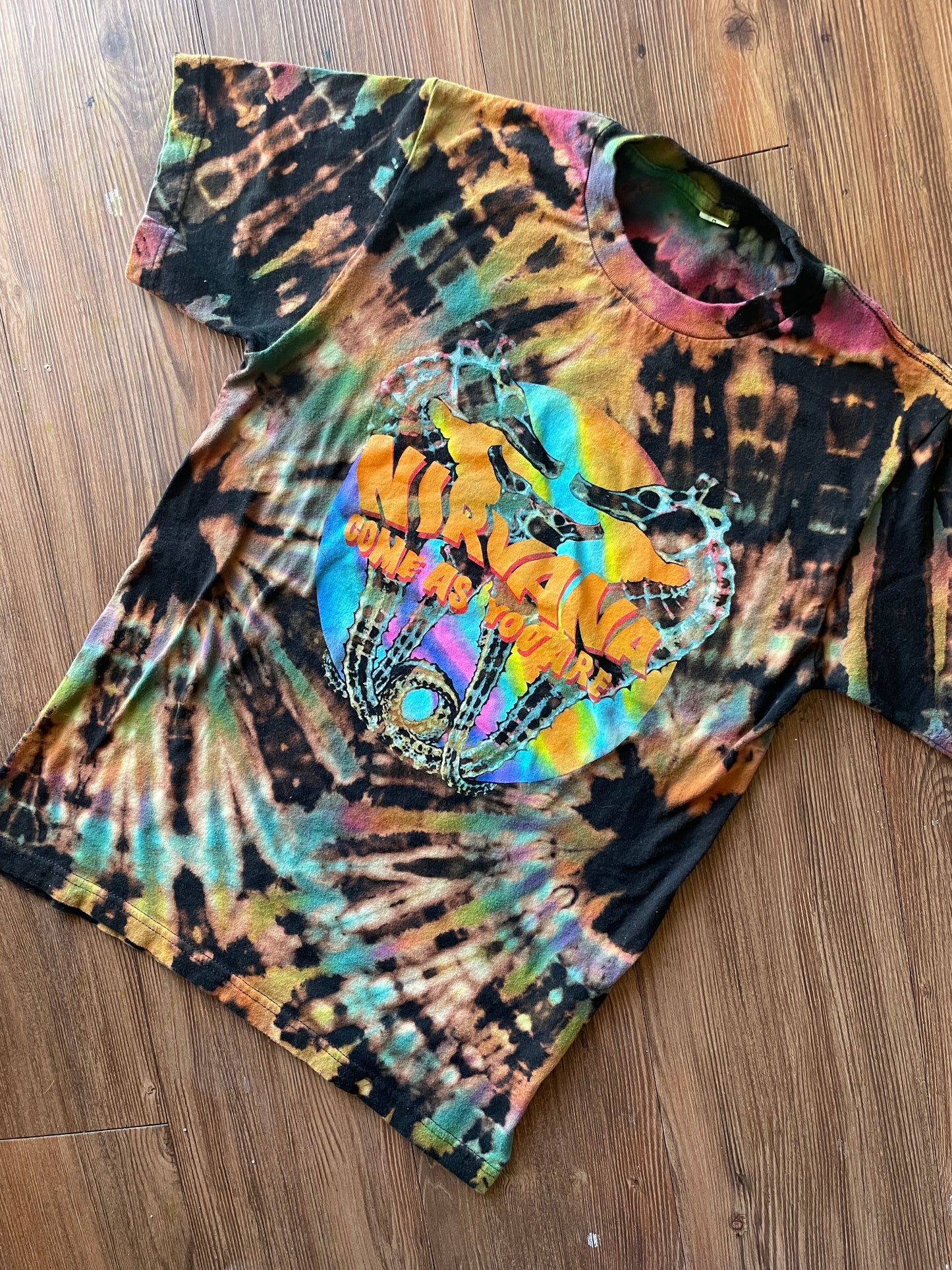 MEDIUM Men’s Nirvana Come As You Are Handmade Tie Dye T-Shirt | One-Of-a-Kind Pastel Rainbow and Black Short Sleeve