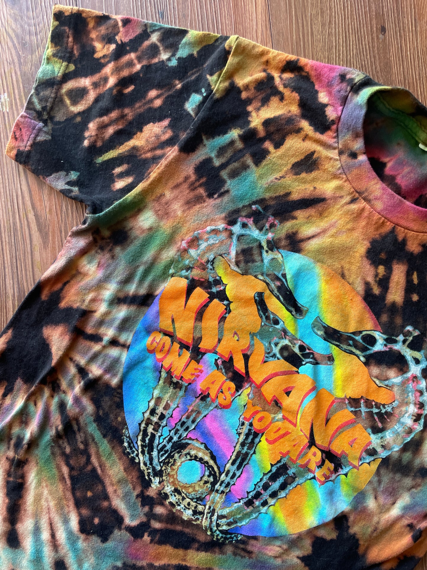 MEDIUM Men’s Nirvana Come As You Are Handmade Tie Dye T-Shirt | One-Of-a-Kind Pastel Rainbow and Black Short Sleeve