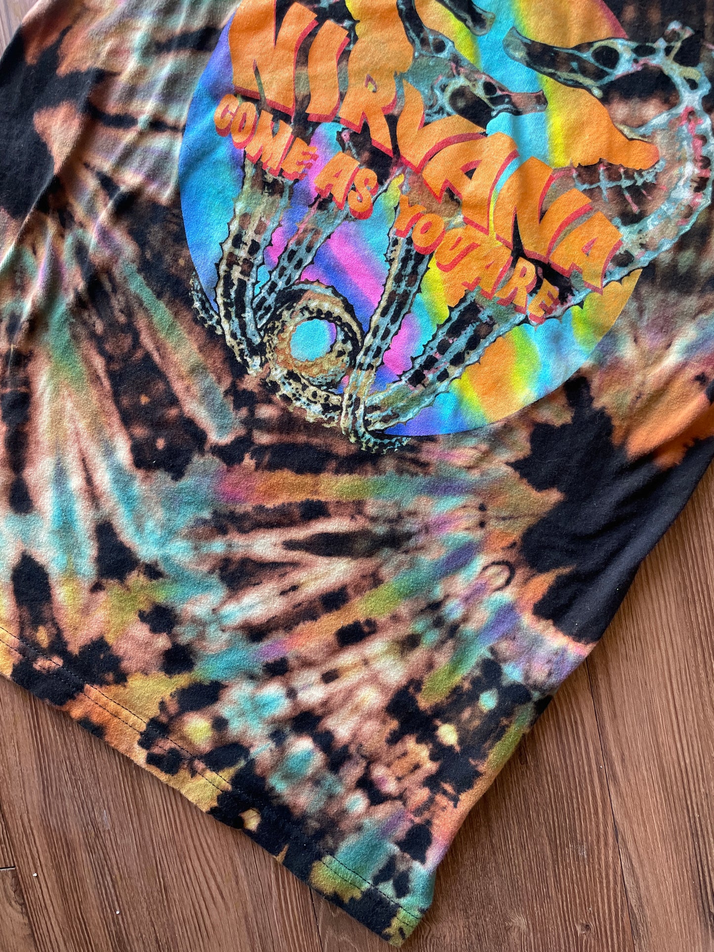 MEDIUM Men’s Nirvana Come As You Are Handmade Tie Dye T-Shirt | One-Of-a-Kind Pastel Rainbow and Black Short Sleeve