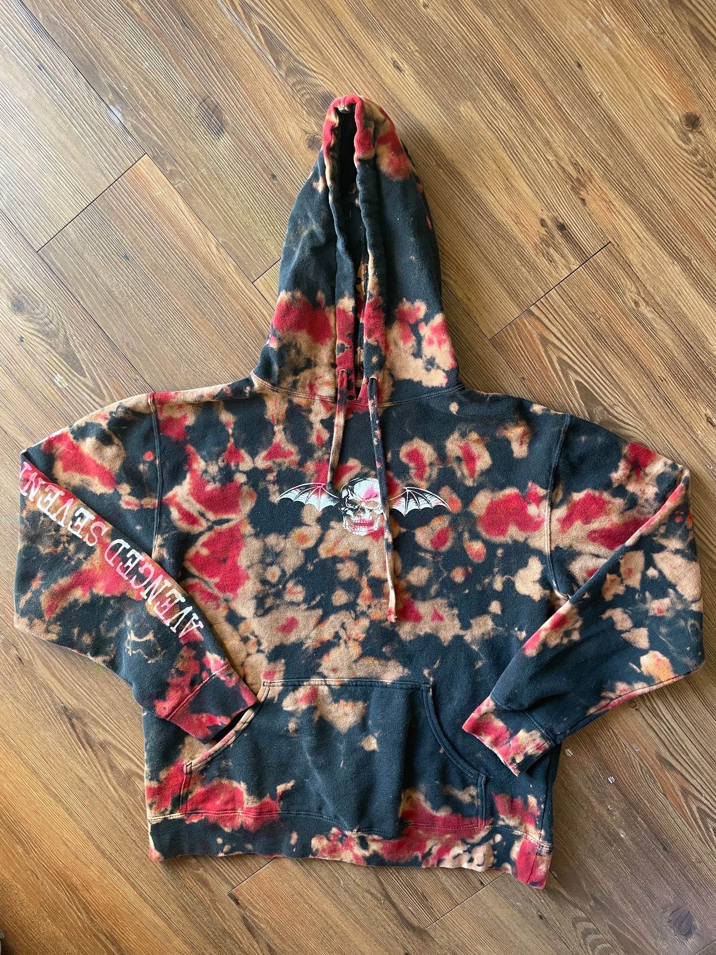 MEDIUM Men’s Avenged Sevenfold Handmade Tie Dye Hoodie | One-Of-a-Kind Red and Black Long Sleeve Sweatshirt