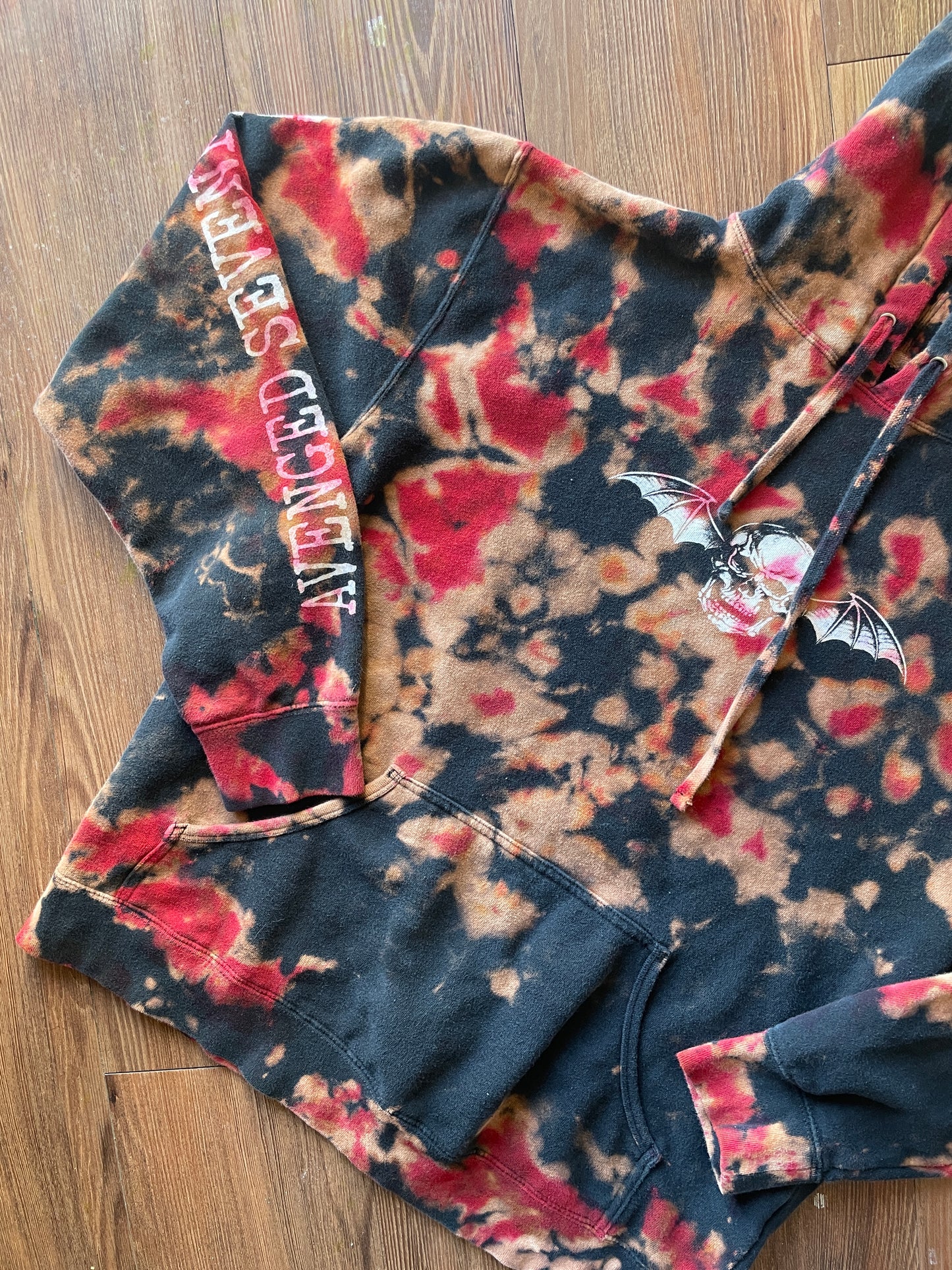 MEDIUM Men’s Avenged Sevenfold Handmade Tie Dye Hoodie | One-Of-a-Kind Red and Black Long Sleeve Sweatshirt