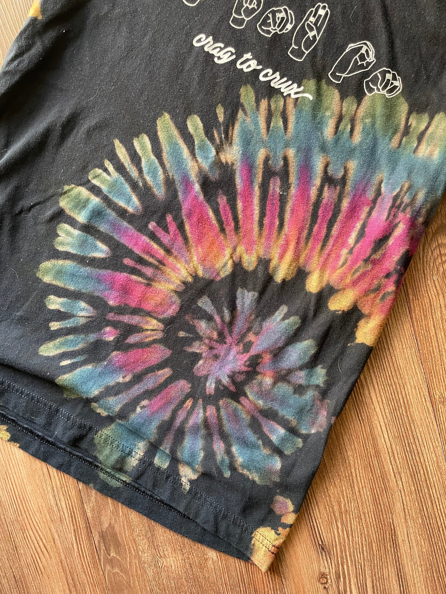 MEDIUM Men’s Climb On Sign Language Handmade Tie Dye T-Shirt | One-Of-a-Kind Black and Rainbow Short Sleeve