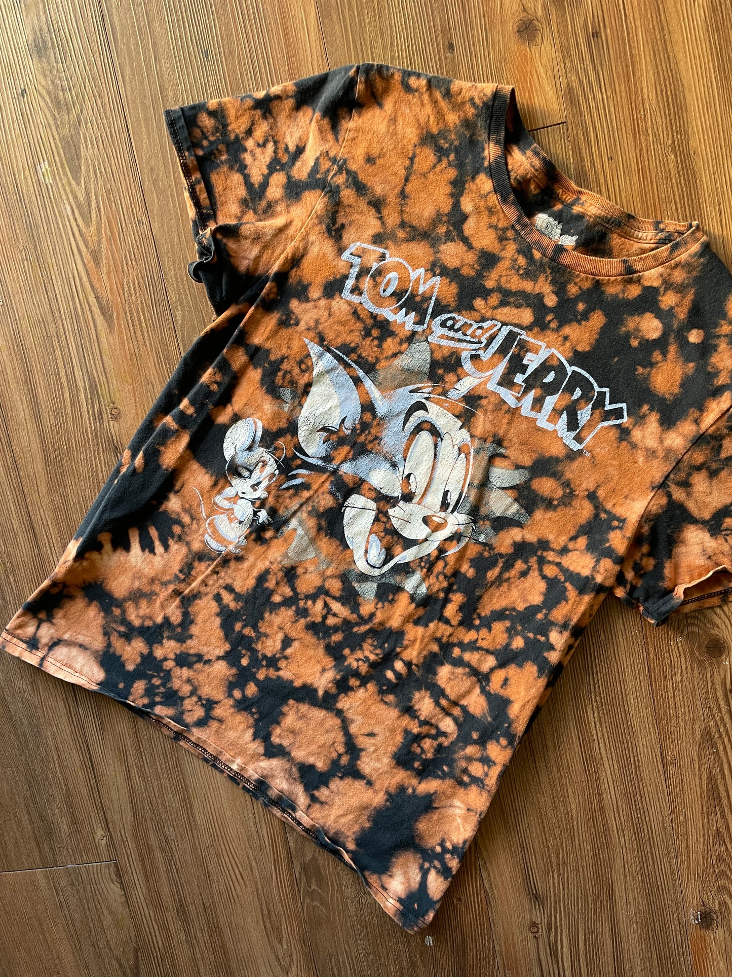 MEDIUM Women's Tom & Jerry Handmade Acid Dye T-Shirt | One-Of-a-Kind Black and Bleach Short Sleeve
