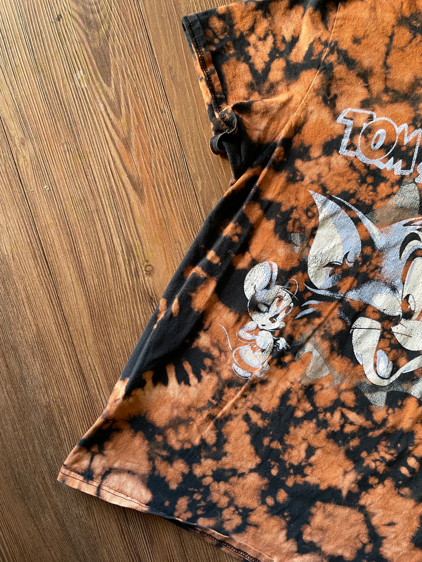 MEDIUM Women's Tom & Jerry Handmade Acid Dye T-Shirt | One-Of-a-Kind Black and Bleach Short Sleeve
