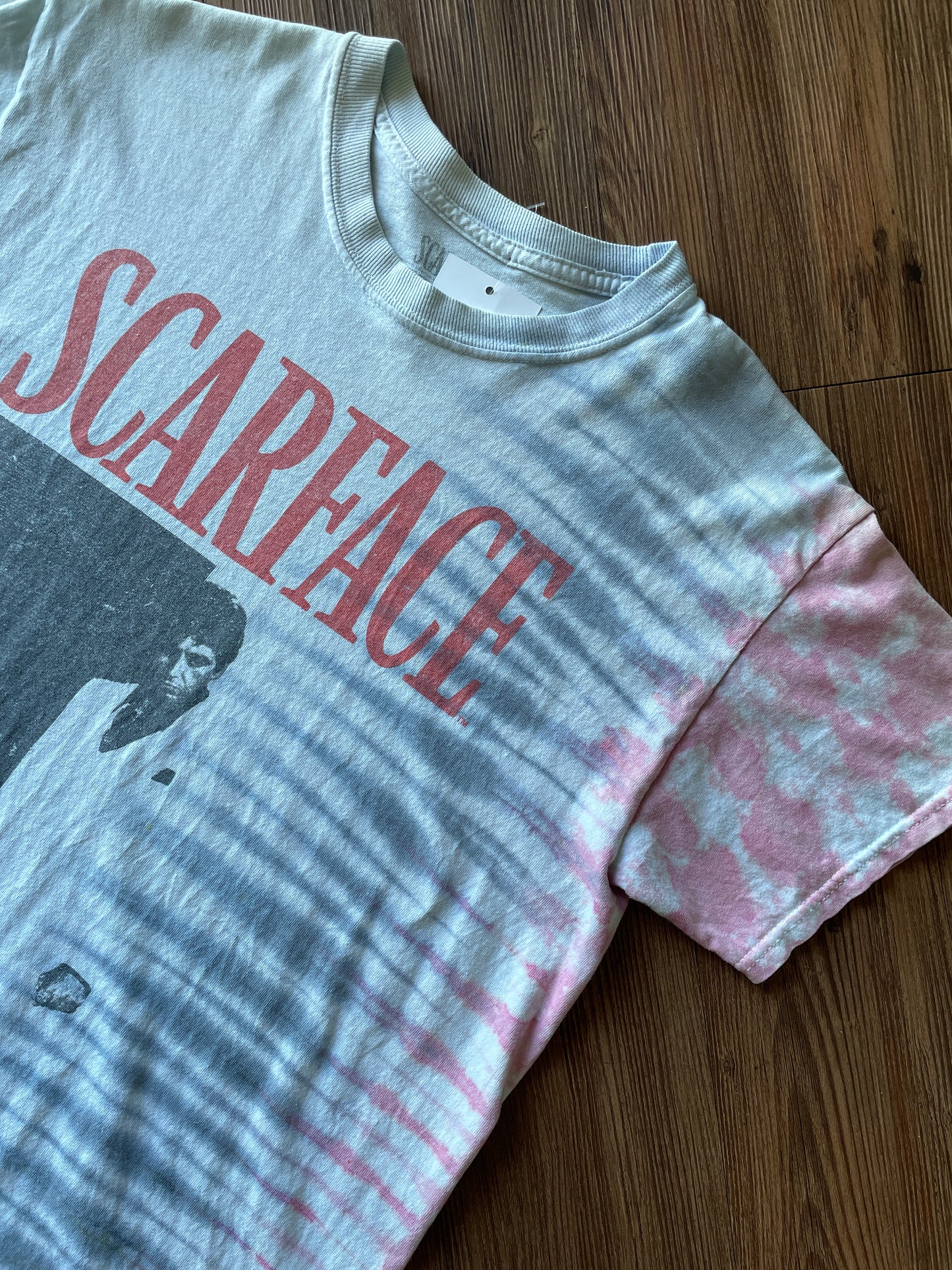 Medium Men’s Scarface Handmade Tie Dye T-Shirt | Pastel Pink and Grey Pleated Tie Dye Short Sleeve