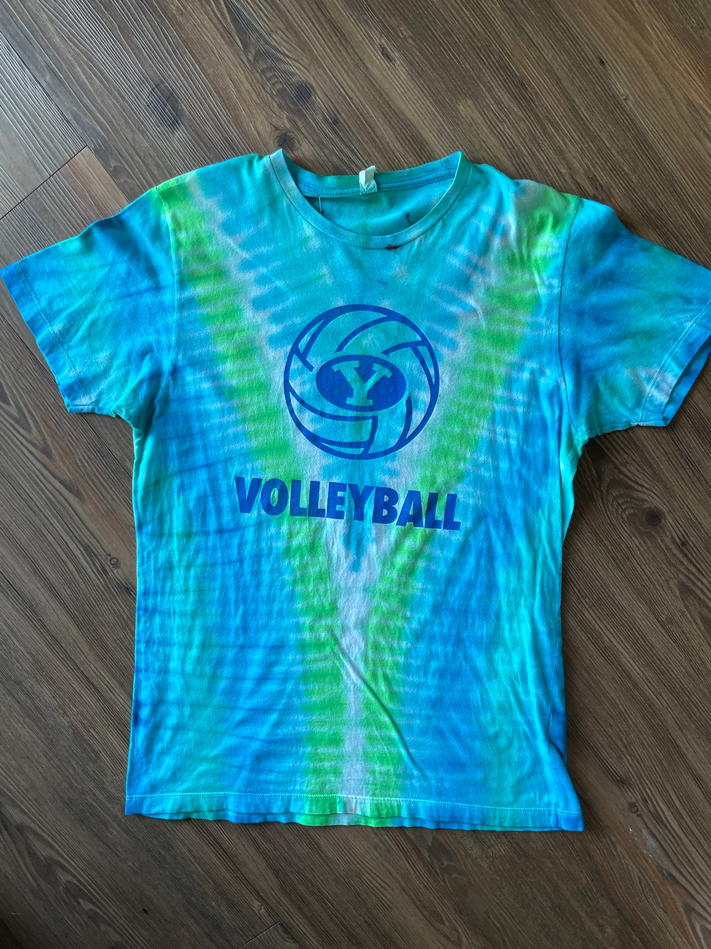 Medium Men’s BYU Volleyball Handmade Tie Dye T-Shirt | Pastel Blue and Green Pleated Tie Dye Short Sleeve
