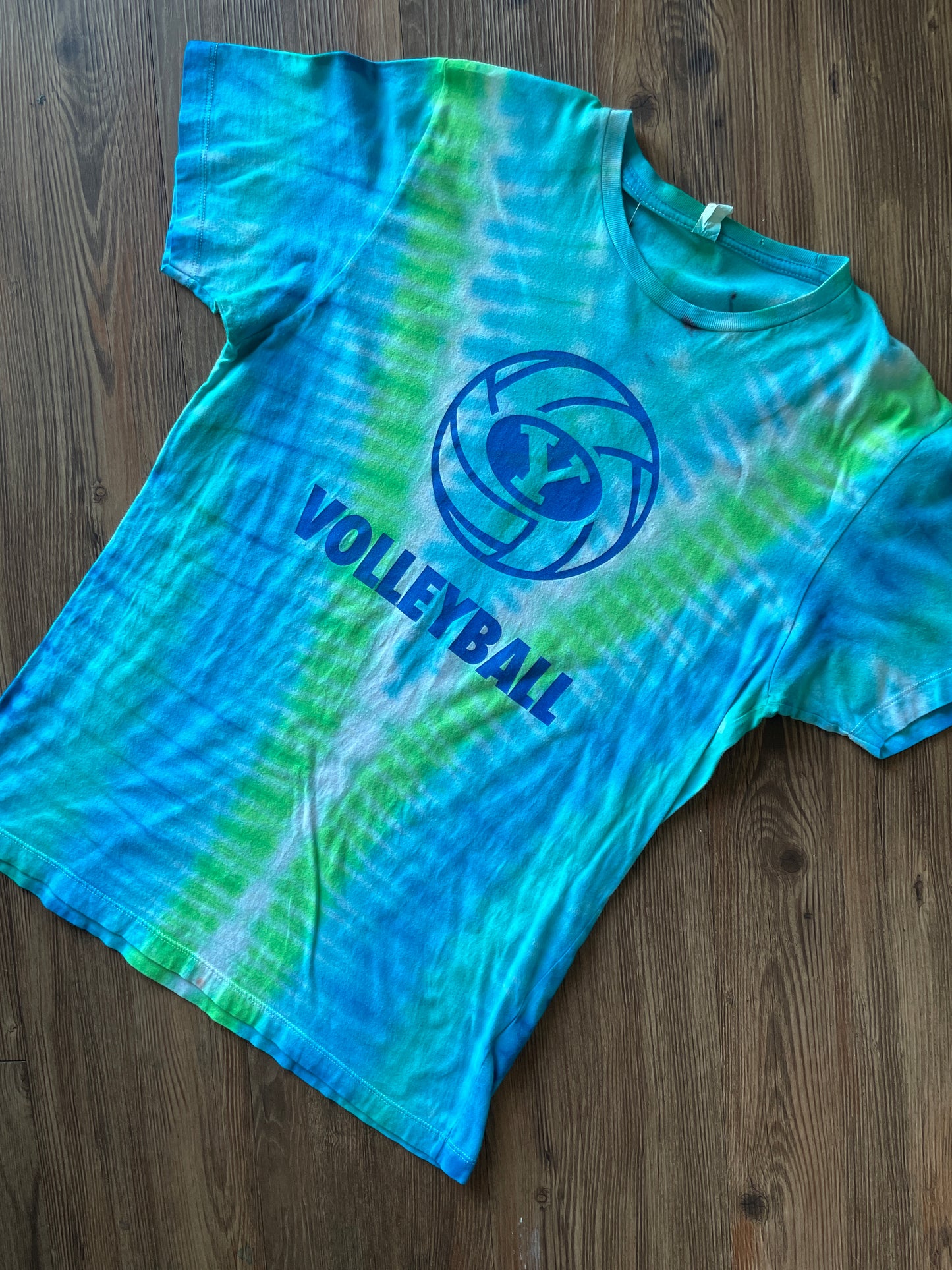Medium Men’s BYU Volleyball Handmade Tie Dye T-Shirt | Pastel Blue and Green Pleated Tie Dye Short Sleeve