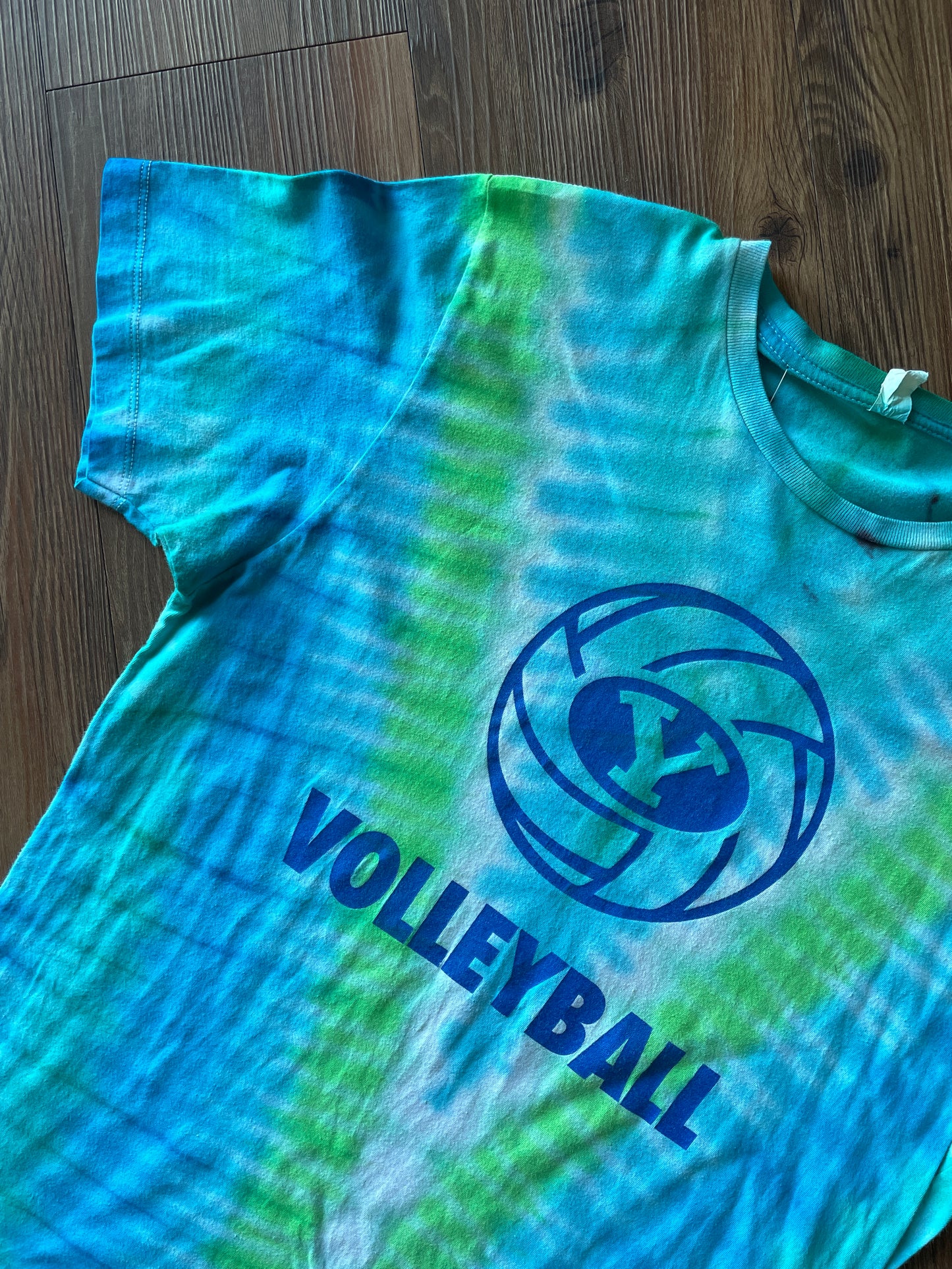 Medium Men’s BYU Volleyball Handmade Tie Dye T-Shirt | Pastel Blue and Green Pleated Tie Dye Short Sleeve
