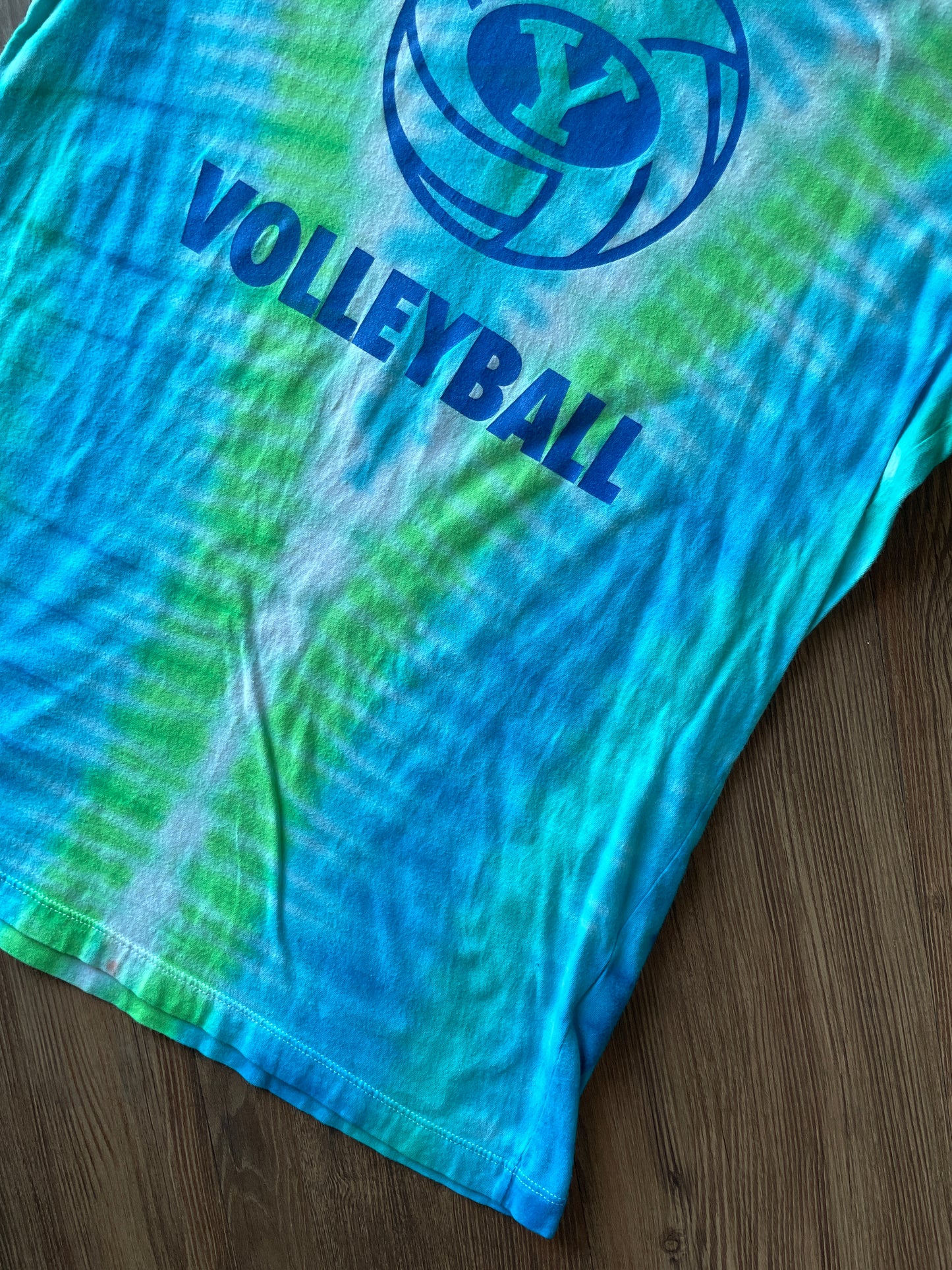 Medium Men’s BYU Volleyball Handmade Tie Dye T-Shirt | Pastel Blue and Green Pleated Tie Dye Short Sleeve