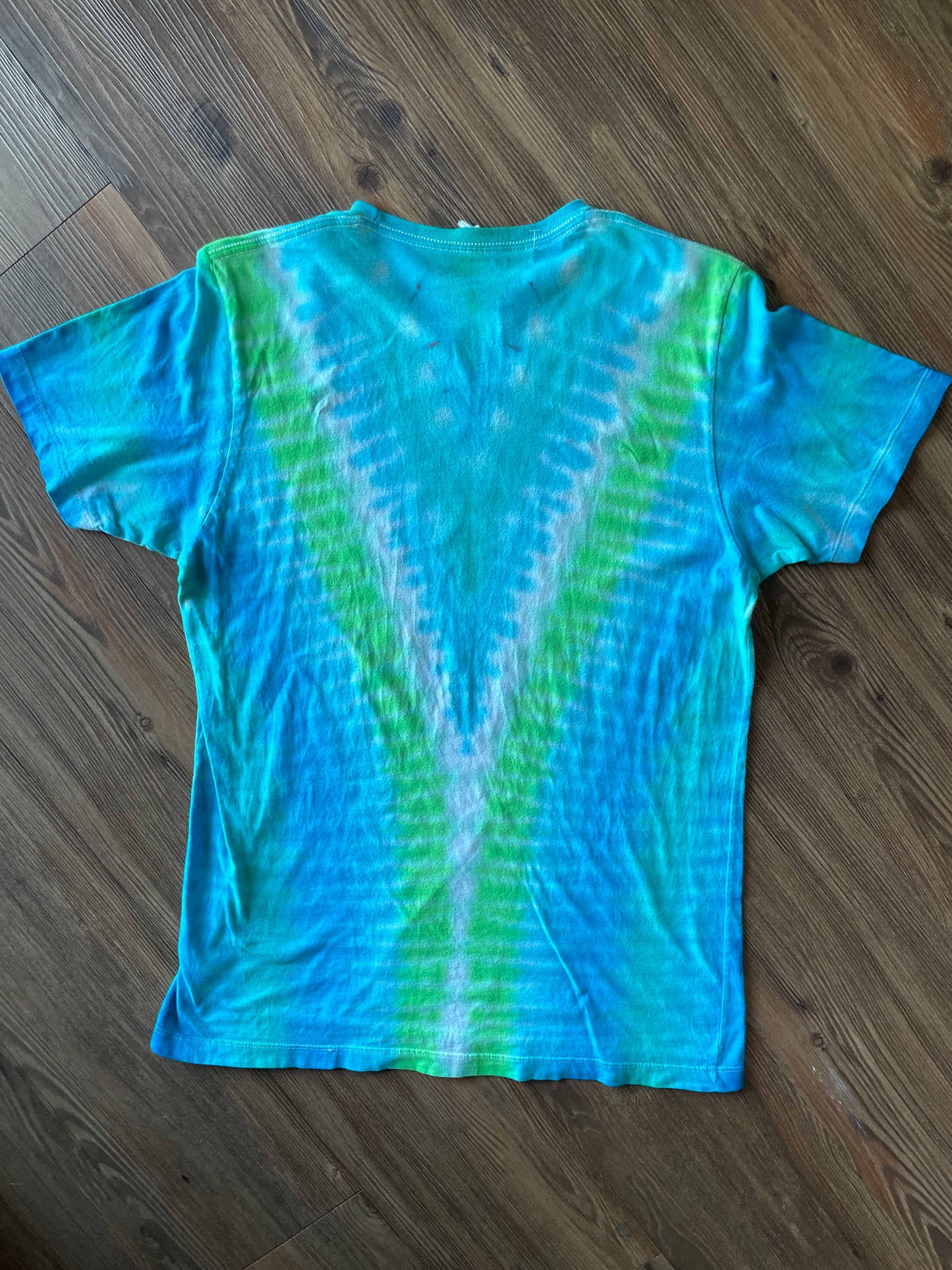 Medium Men’s BYU Volleyball Handmade Tie Dye T-Shirt | Pastel Blue and Green Pleated Tie Dye Short Sleeve