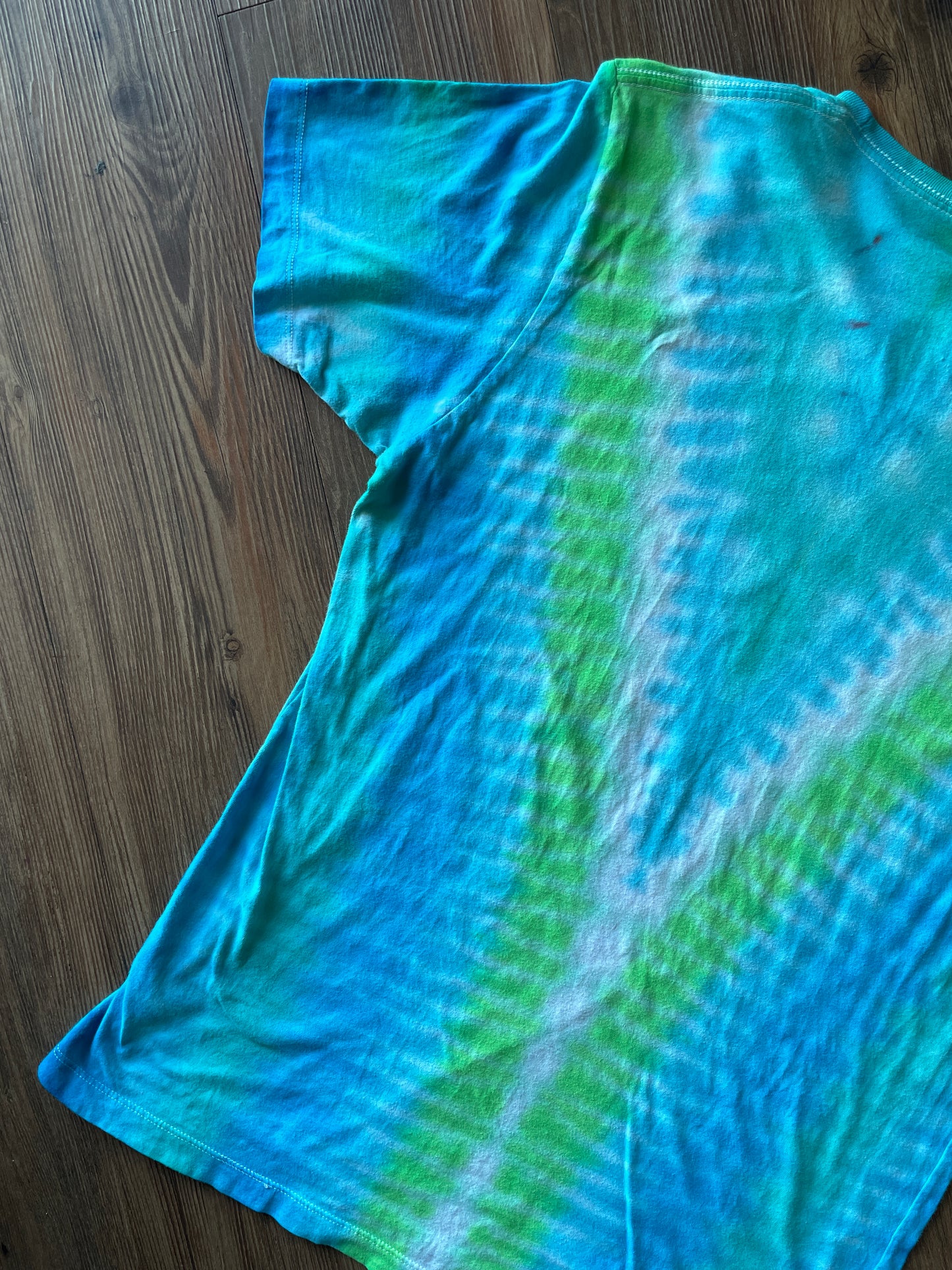 Medium Men’s BYU Volleyball Handmade Tie Dye T-Shirt | Pastel Blue and Green Pleated Tie Dye Short Sleeve