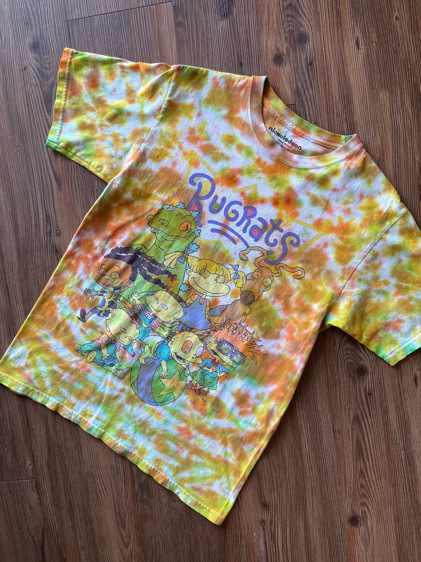 Medium Men’s Rugrats Handmade Tie Dye T-Shirt | Green and Orange 90s Nickelodeon Slime Tie Dye Short Sleeve