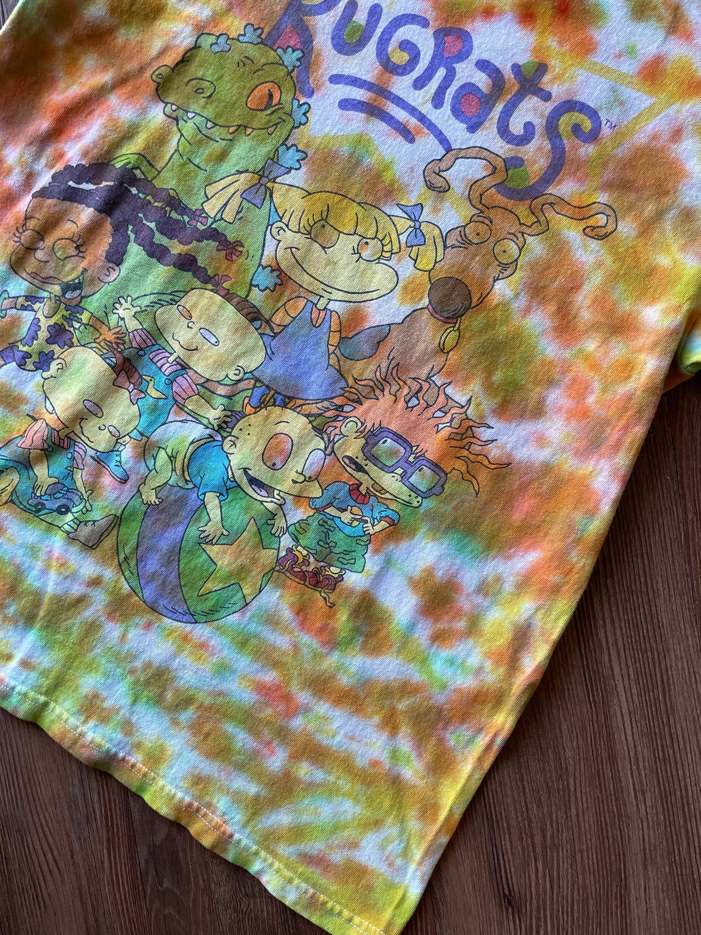Medium Men’s Rugrats Handmade Tie Dye T-Shirt | Green and Orange 90s Nickelodeon Slime Tie Dye Short Sleeve