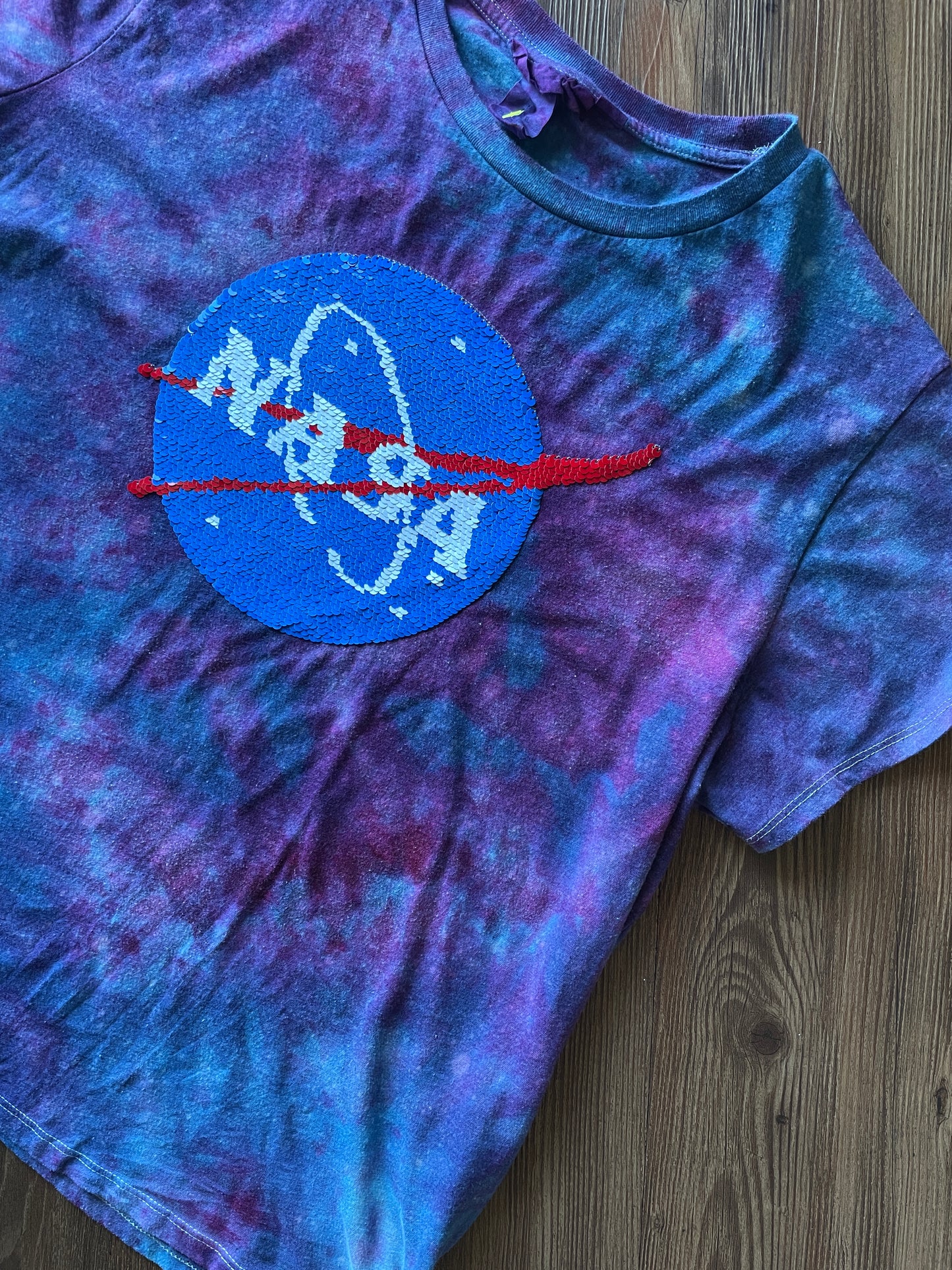 XL Women’s NASA Reversible Sequin Handmade Tie Dye T-Shirt | Purple Galaxy Tie Dye Short Sleeve Crop Top