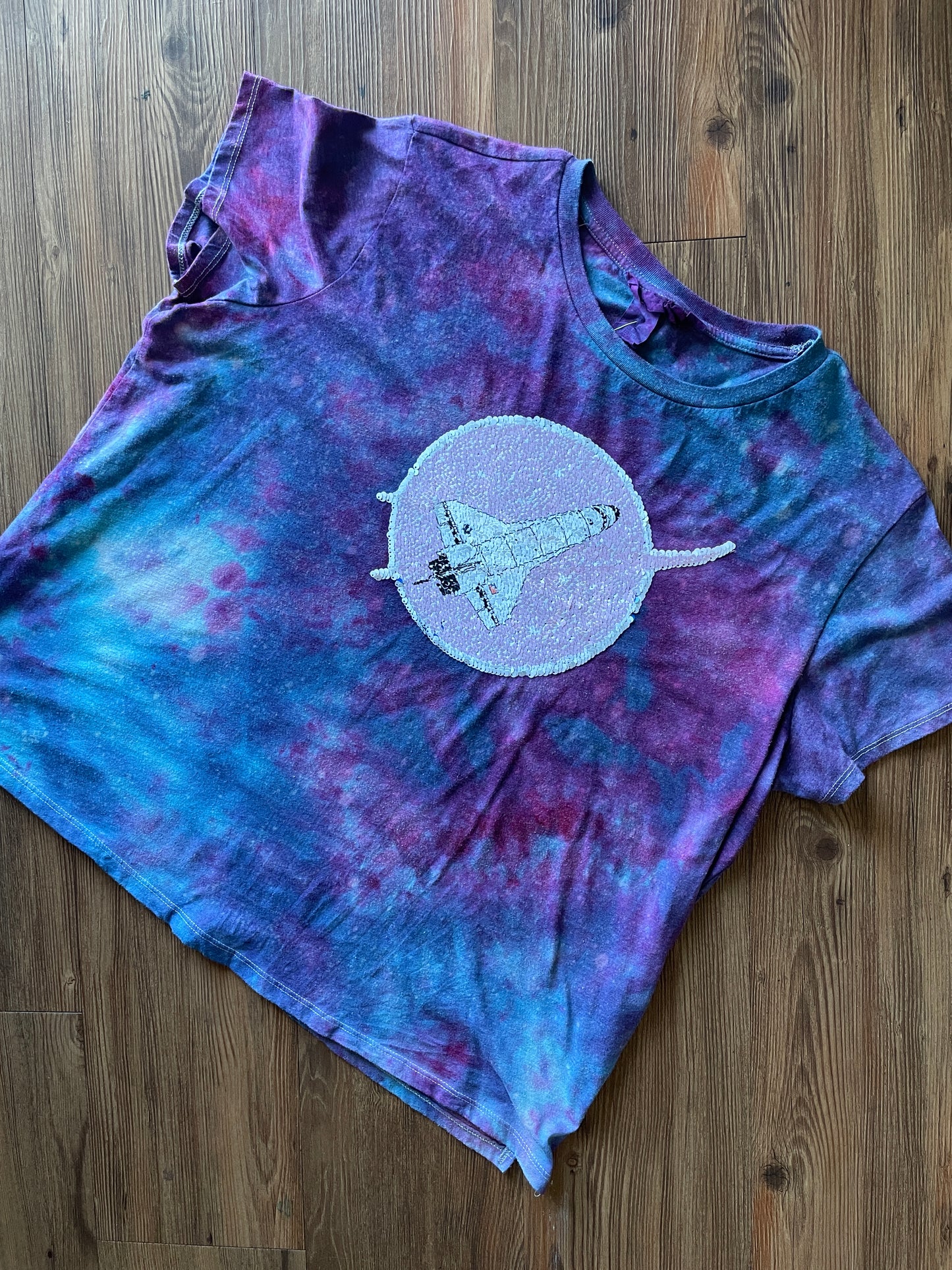 XL Women’s NASA Reversible Sequin Handmade Tie Dye T-Shirt | Purple Galaxy Tie Dye Short Sleeve Crop Top