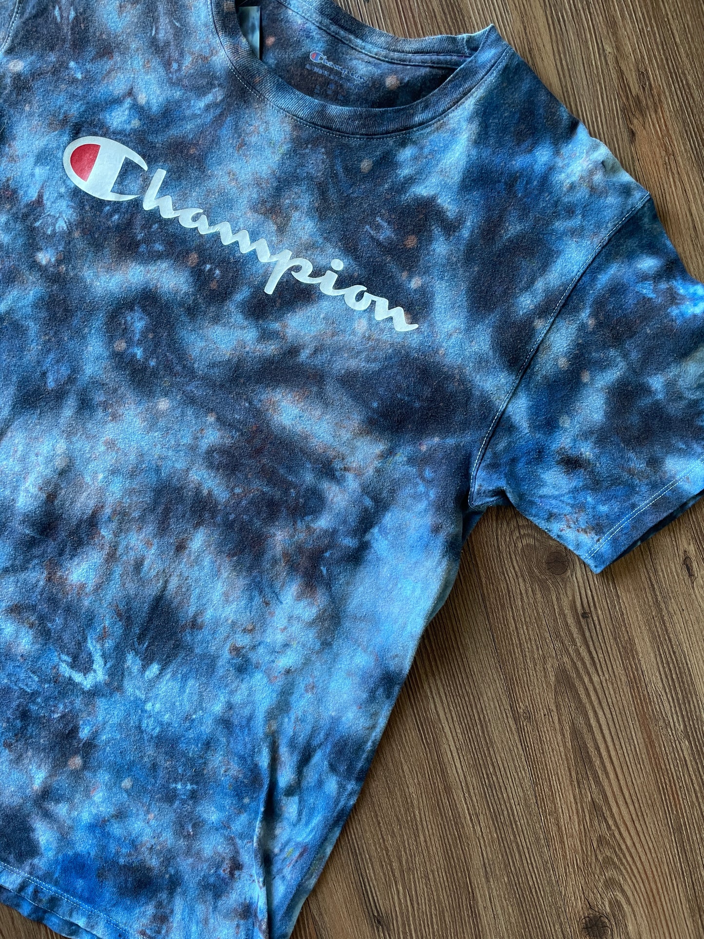 Medium Men’s Champion Handmade Tie Dye T-Shirt | Blue and Black Galaxy Tie Dye Short Sleeve