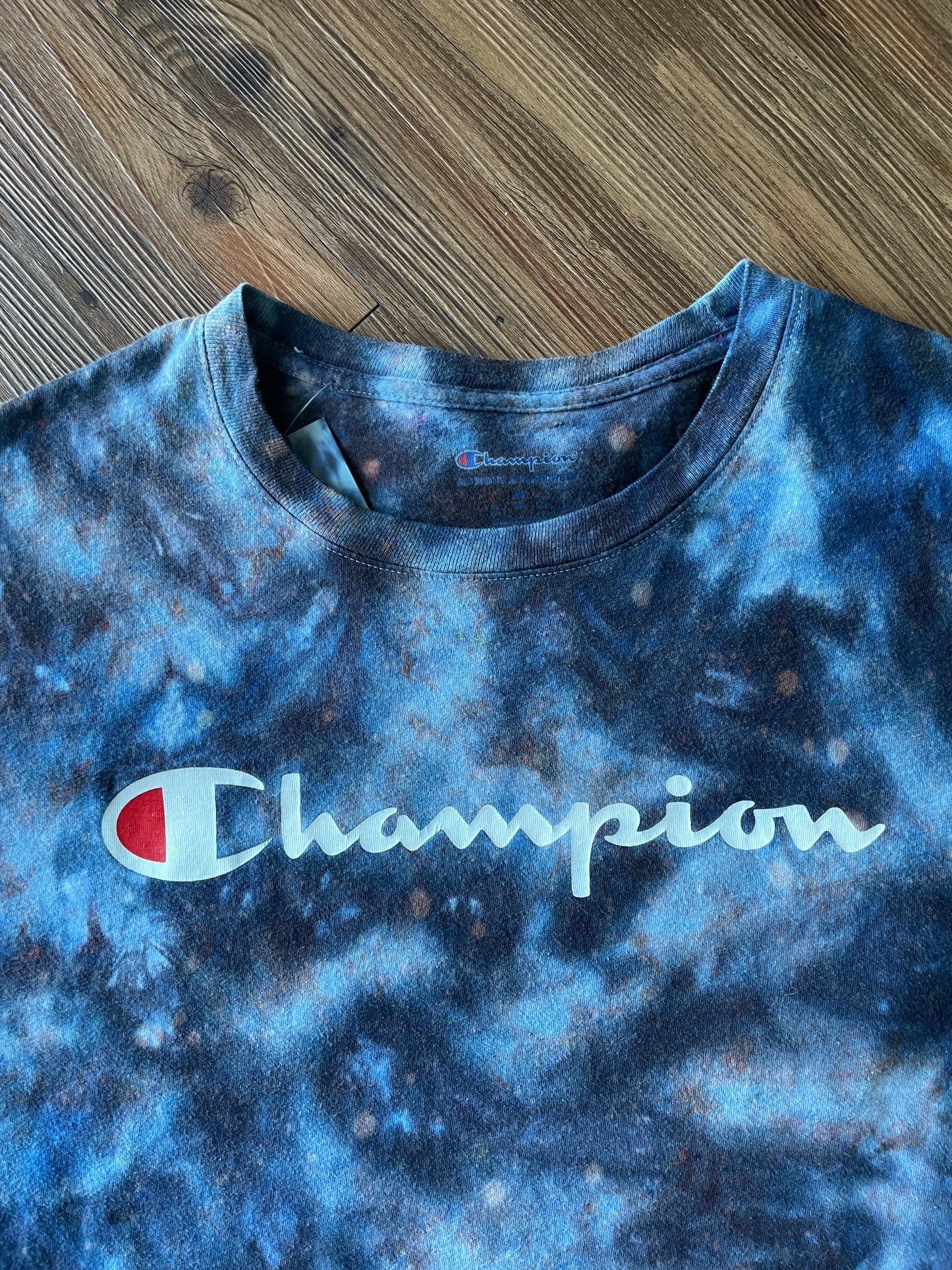Medium Men’s Champion Handmade Tie Dye T-Shirt | Blue and Black Galaxy Tie Dye Short Sleeve