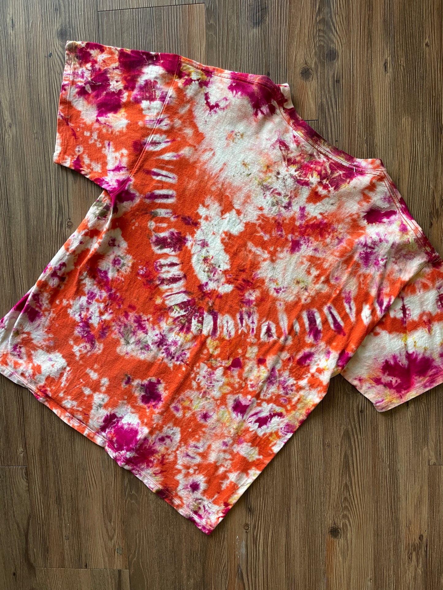 Large Champion Handmade Tie Dye T-Shirt | Orange and Earth Tones Crumpled Tie Dye Short Sleeve