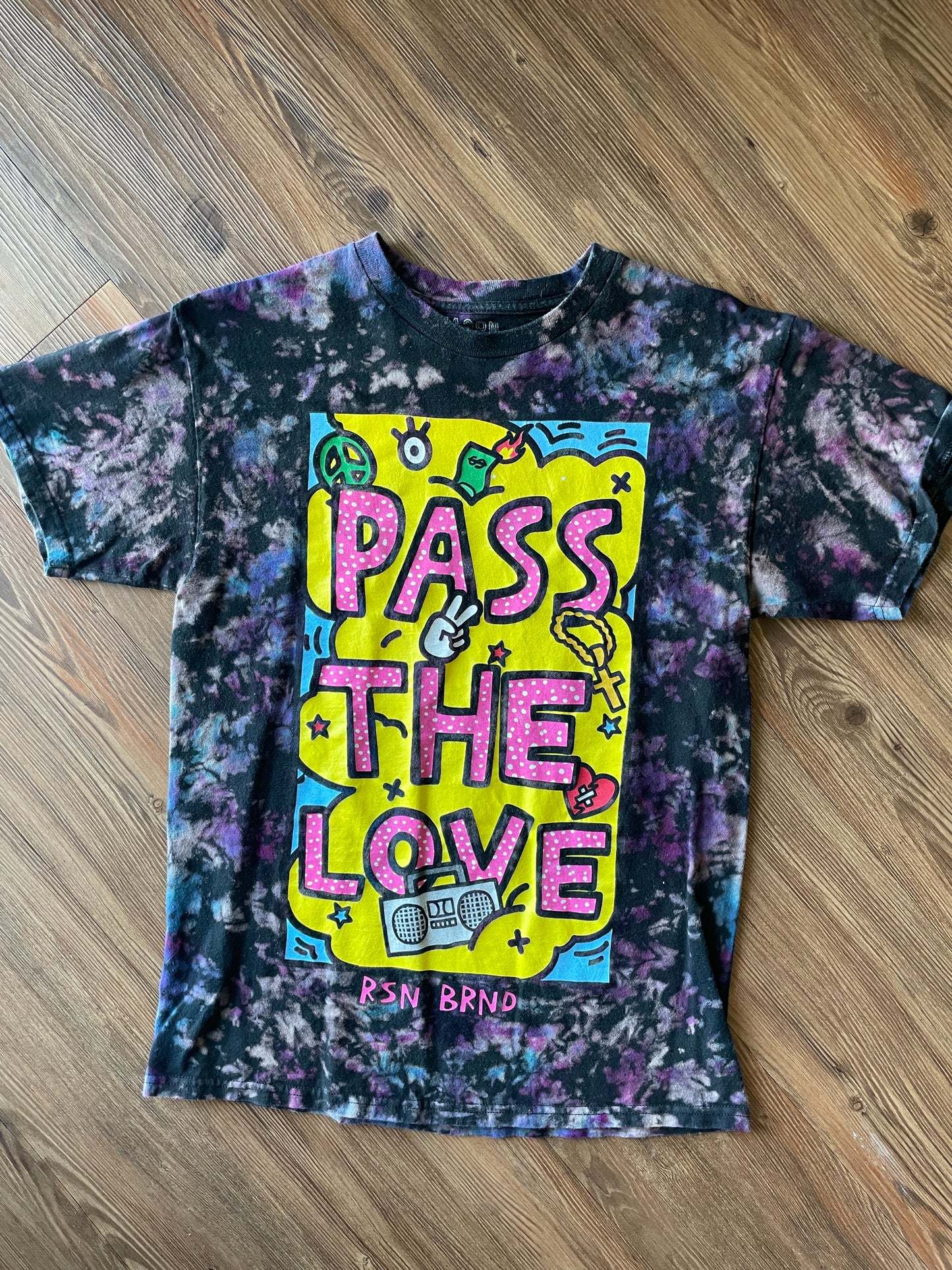 Medium Men’s Pass The Love Handmade Reverse Tie Dye T-Shirt | Black and Purple Crumpled Tie Dye Short Sleeve