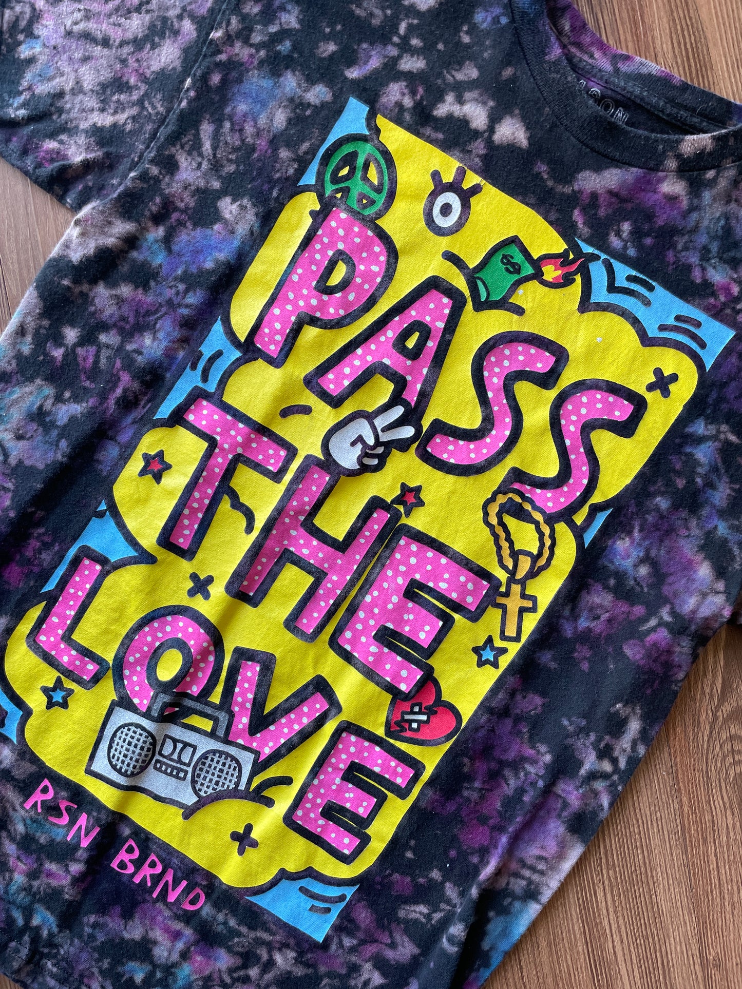 Medium Men’s Pass The Love Handmade Reverse Tie Dye T-Shirt | Black and Purple Crumpled Tie Dye Short Sleeve