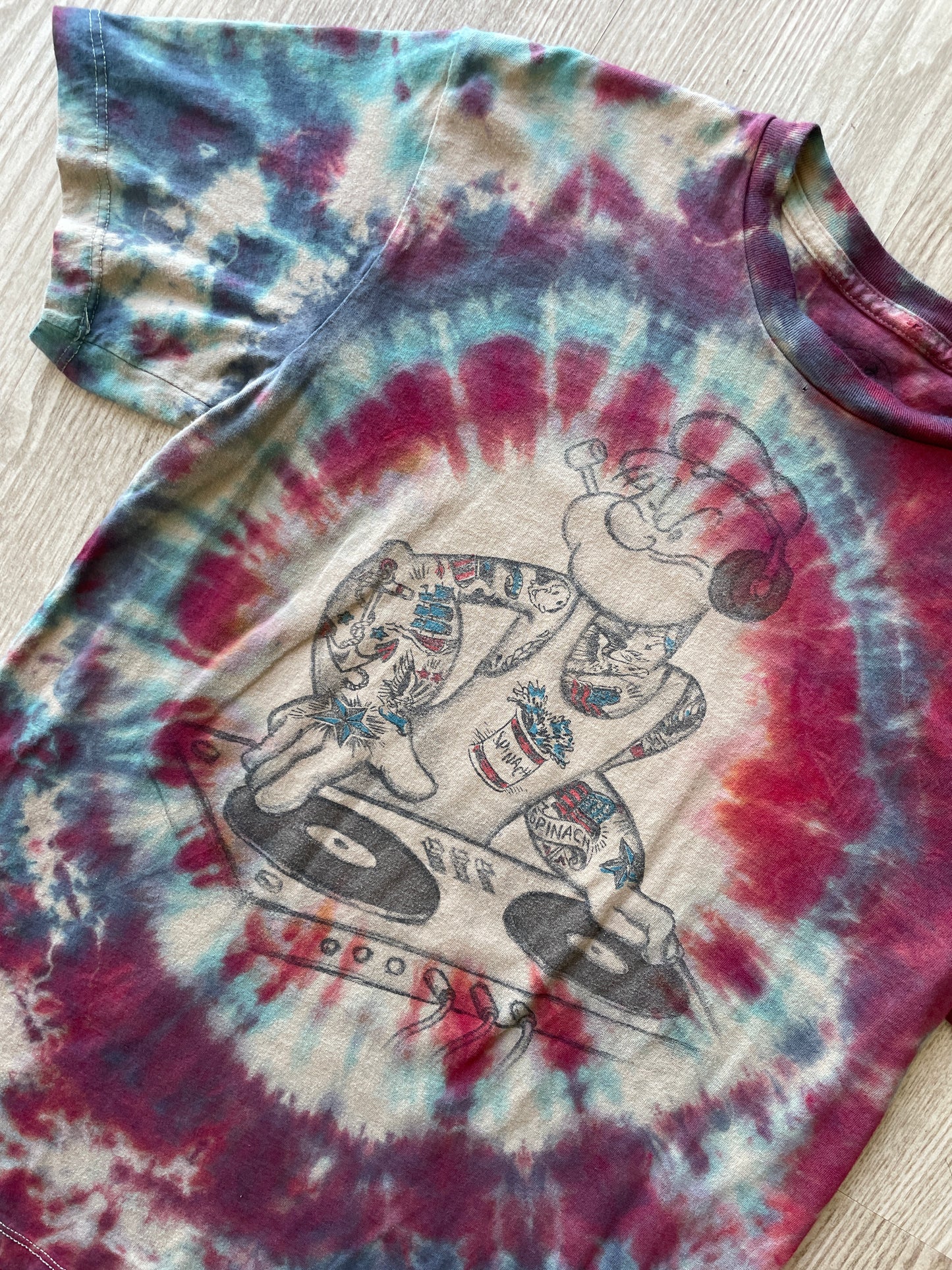 MEDIUM Men’s DJ Popeye Handmade Tie Dye T-Shirt | One-Of-a-Kind Red and Blue Short Sleeve