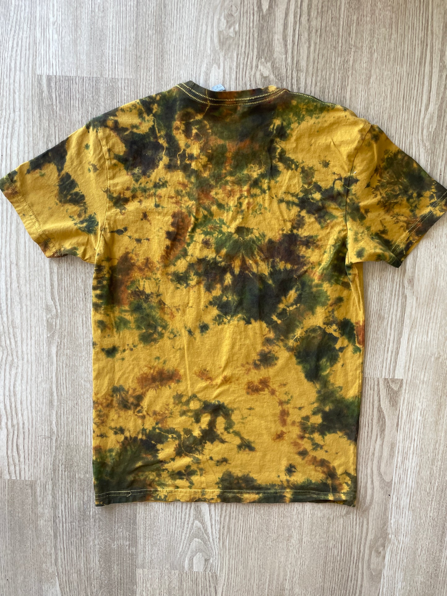 MEDIUM Men’s Yellow Octo-drummer Handmade Tie Dye T-Shirt | One-Of-a-Kind Yellow and Brown Short Sleeve