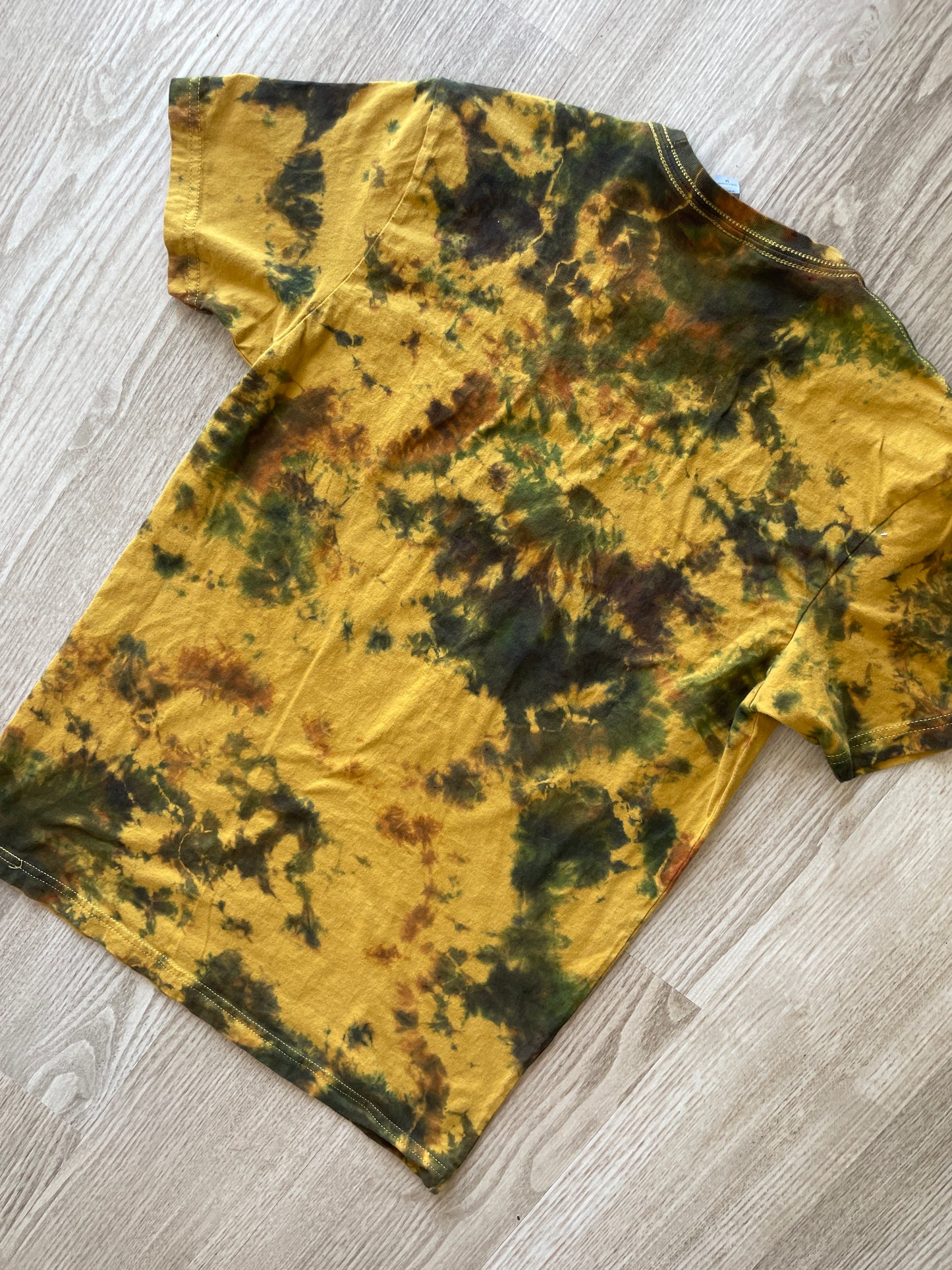 MEDIUM Men’s Yellow Octo-drummer Handmade Tie Dye T-Shirt | One-Of-a-Kind Yellow and Brown Short Sleeve