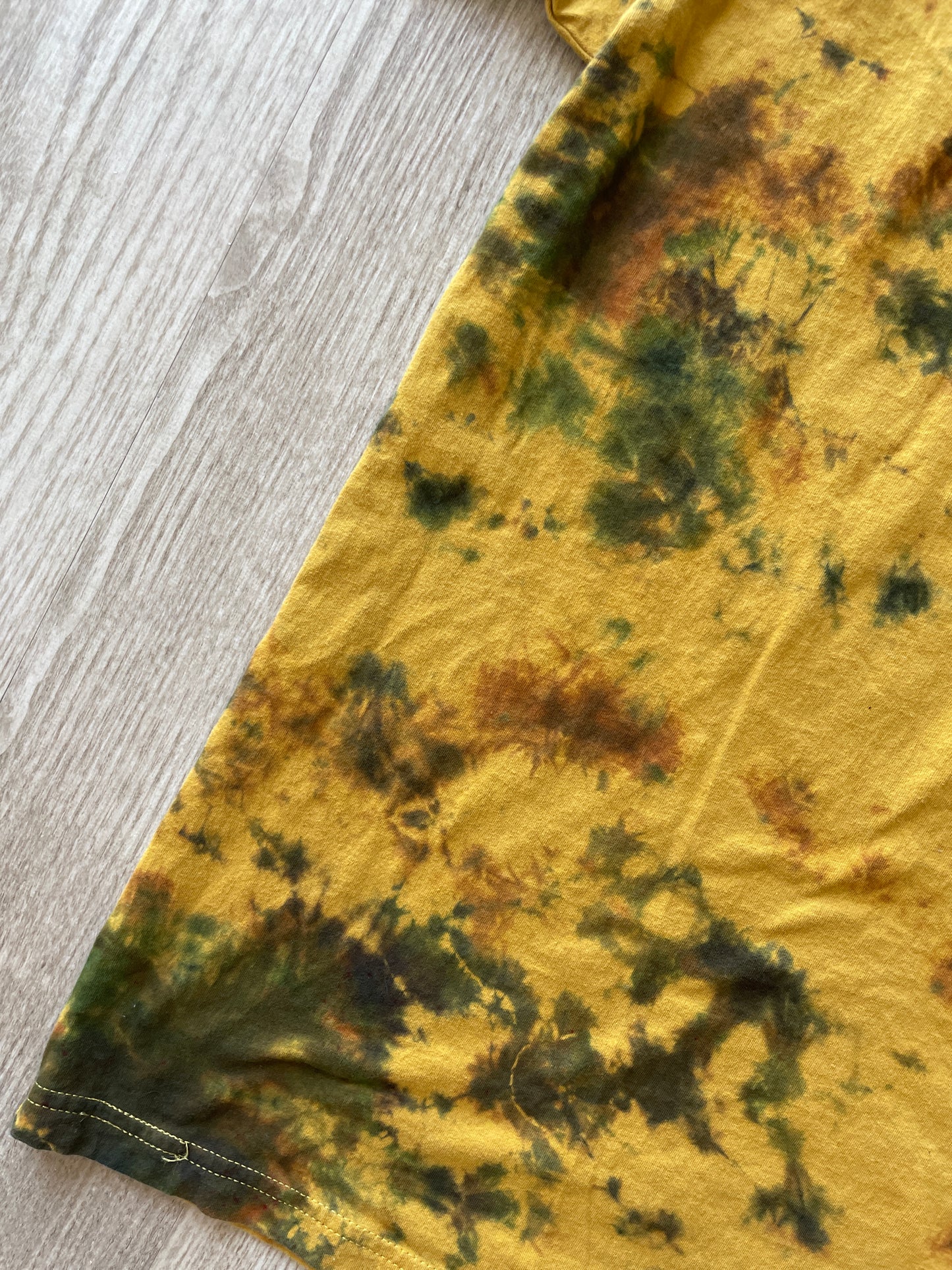 MEDIUM Men’s Yellow Octo-drummer Handmade Tie Dye T-Shirt | One-Of-a-Kind Yellow and Brown Short Sleeve