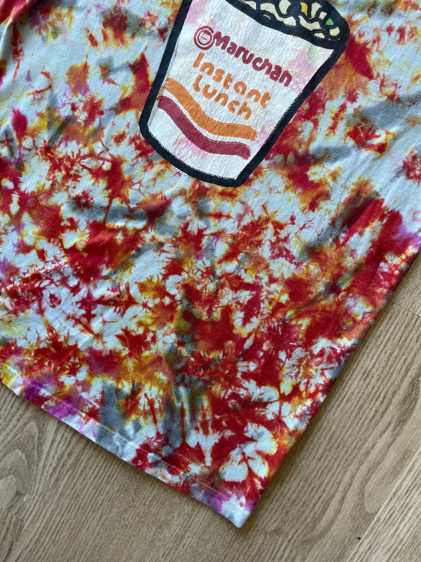 MEDIUM Men’s Maruchan Ramen Instant Lunch Handmade Tie Dye T-Shirt | One-Of-a-Kind Red, Yellow, and Orange Short Sleeve