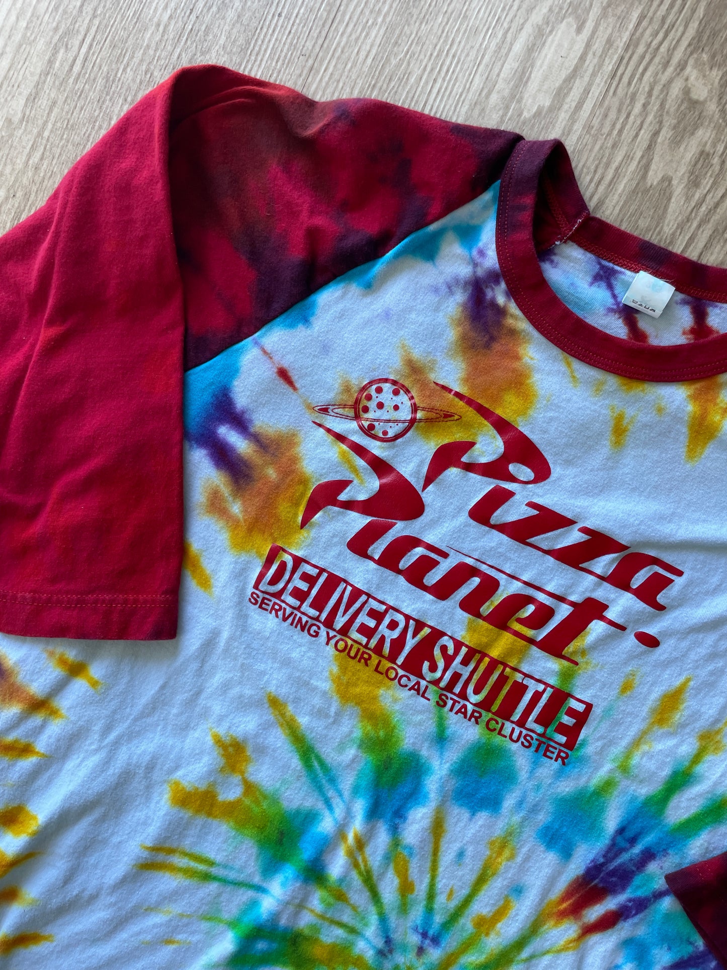 MEDIUM Men’s Pizza Planet Handmade Tie Dye Baseball Tee | One-Of-a-Kind White, Red, and Rainbow Spiral Short Sleeve