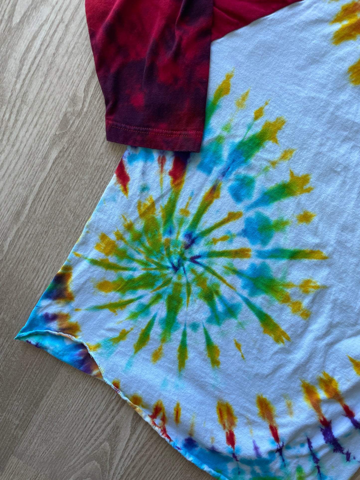 MEDIUM Men’s Pizza Planet Handmade Tie Dye Baseball Tee | One-Of-a-Kind White, Red, and Rainbow Spiral Short Sleeve