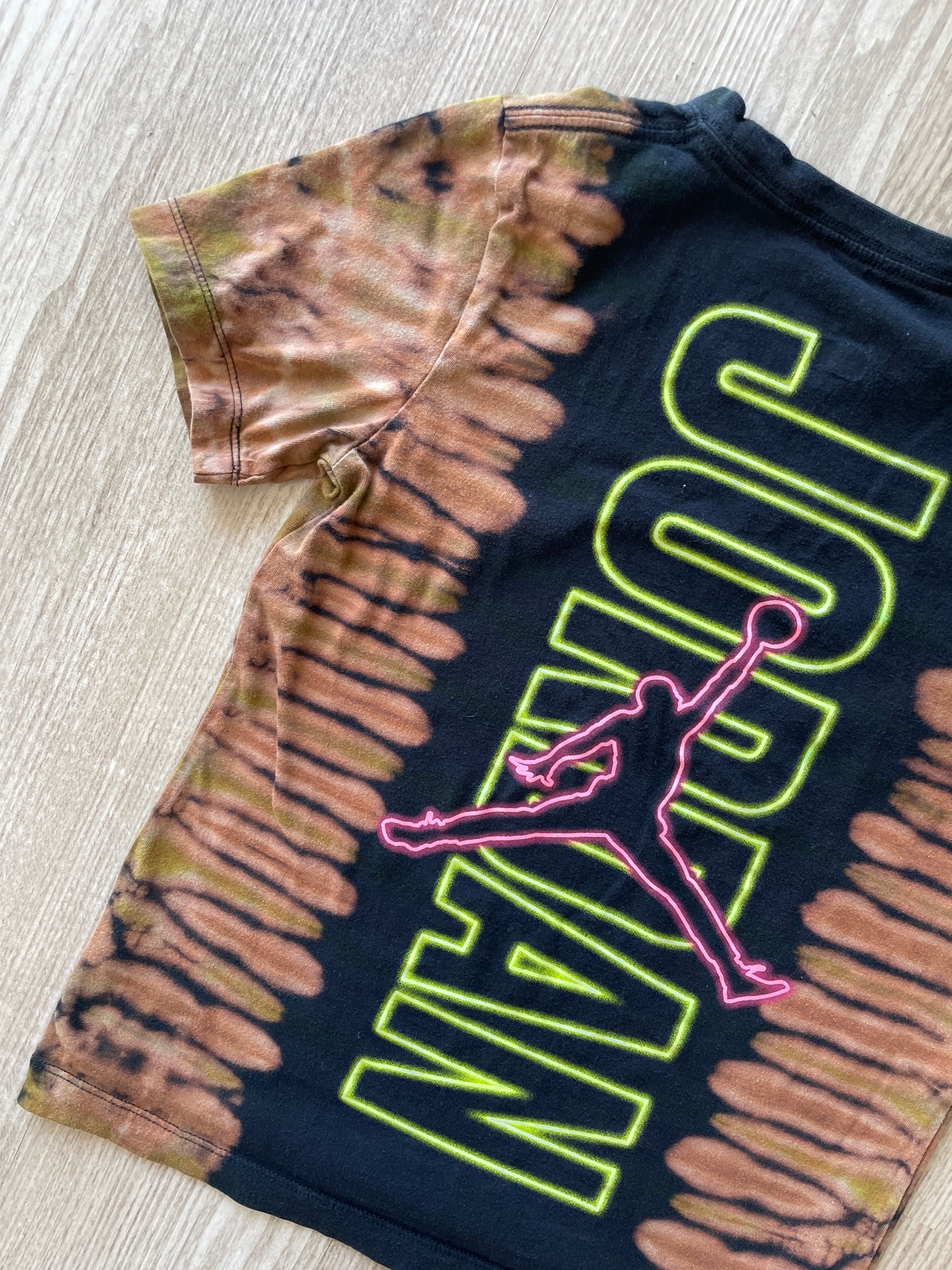 YOUTH SMALL Air Jordan Handmade Reverse Tie Dye T-Shirt | One-Of-a-Kind Black and Bleach Short Sleeve