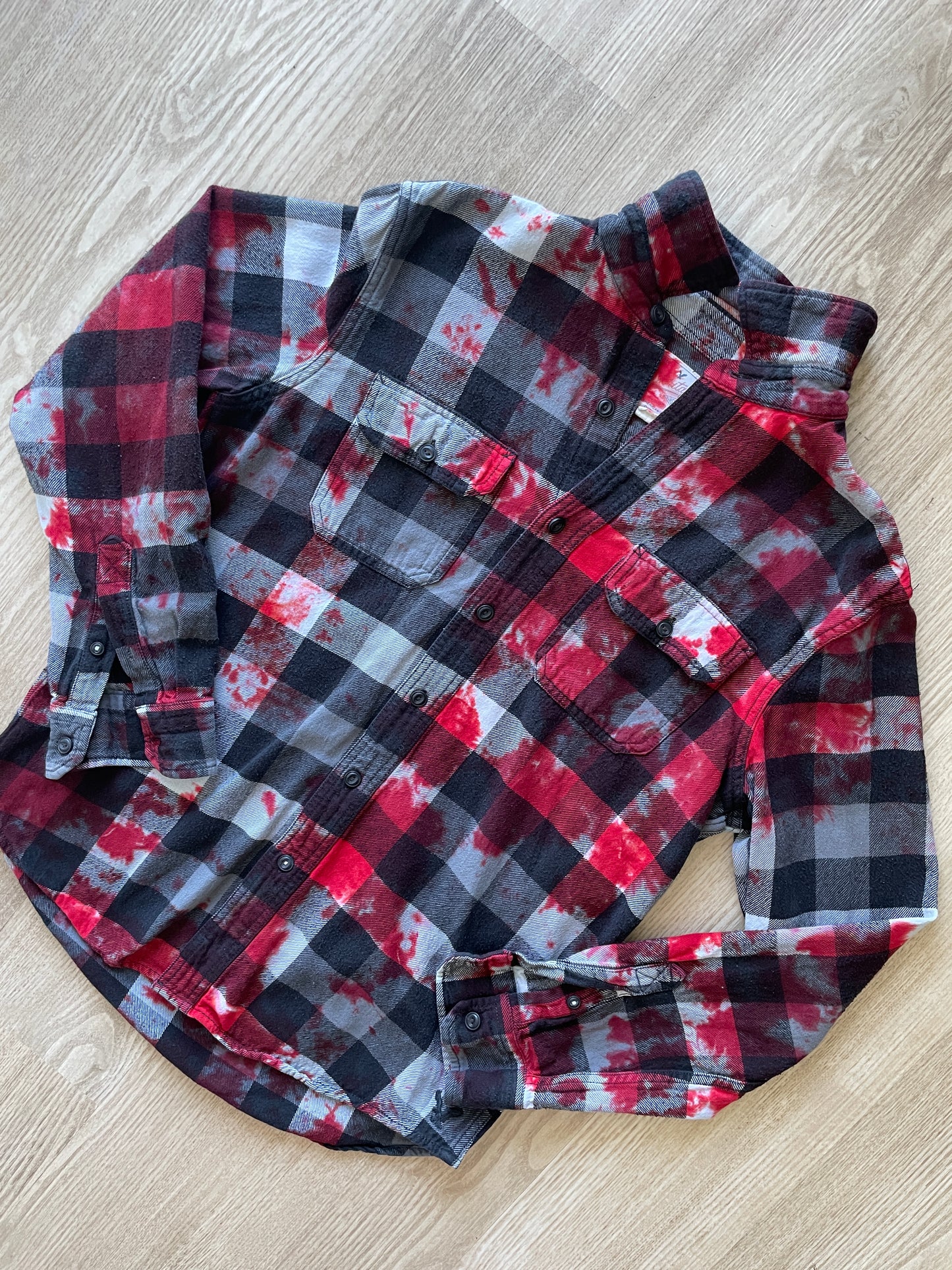 MEDIUM Men’s American Eagle Black, White, and Red Handmade Tie Dye Flannel Shirt | One-Of-a-Kind Upcycled Long Sleeve