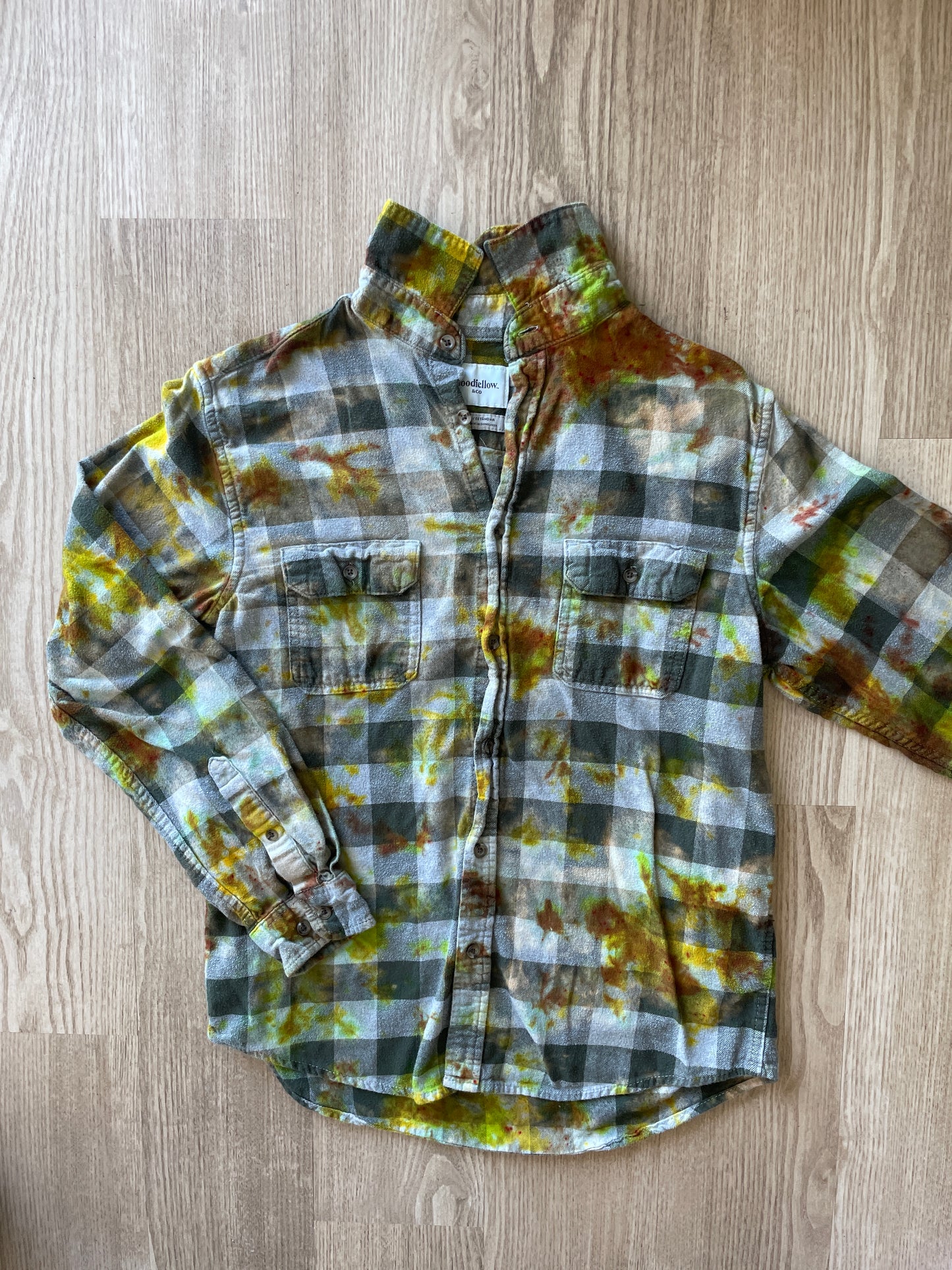 MEDIUM Men’s Climbing Shoe Green, Yellow, and White Handmade Tie Dye Flannel Shirt | One-Of-a-Kind Upcycled Long Sleeve