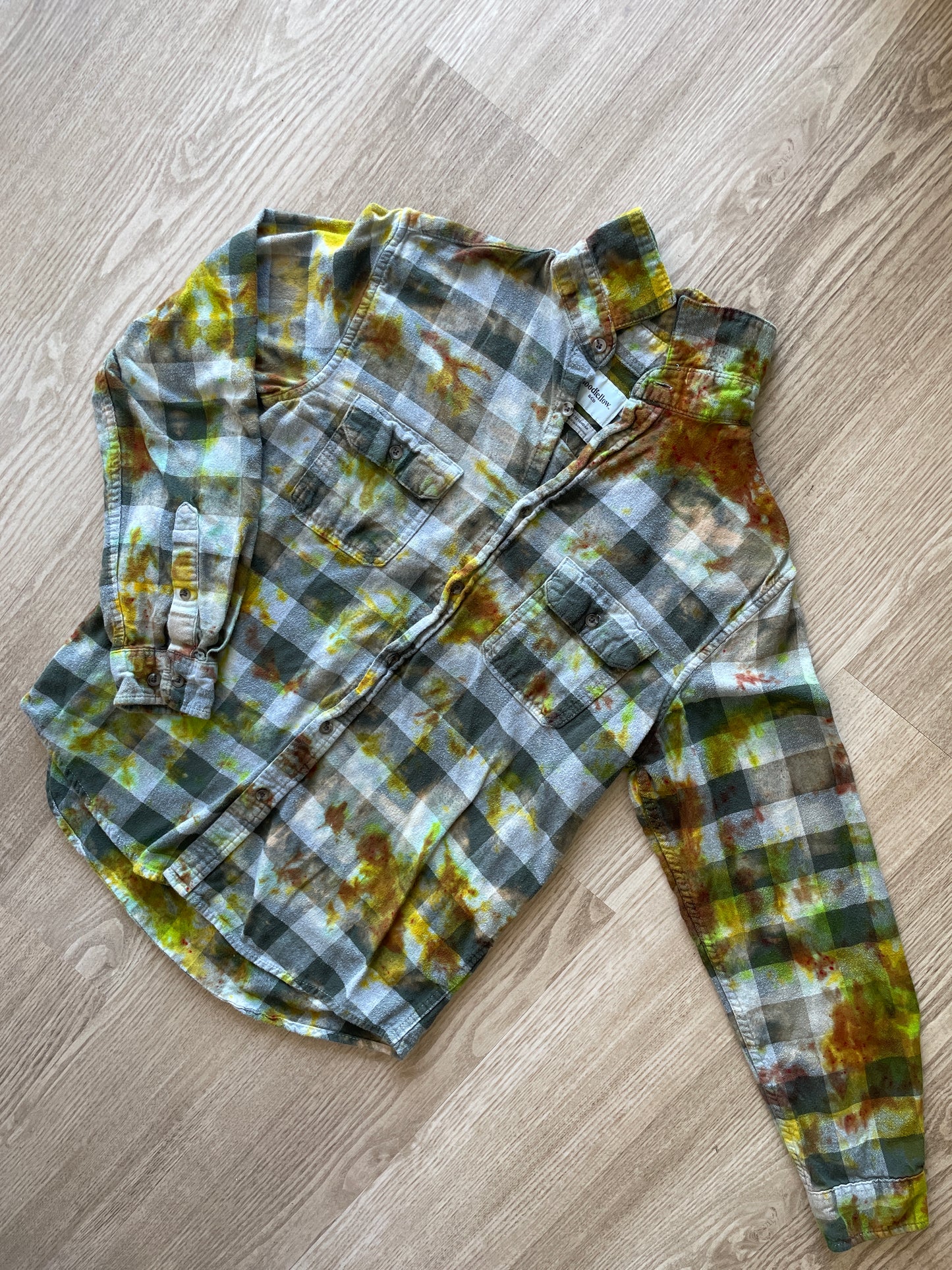 MEDIUM Men’s Climbing Shoe Green, Yellow, and White Handmade Tie Dye Flannel Shirt | One-Of-a-Kind Upcycled Long Sleeve
