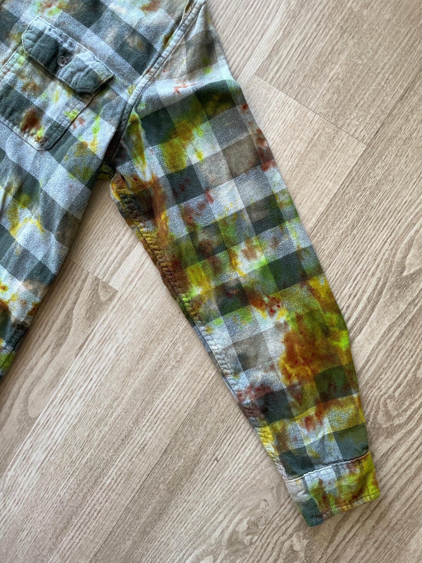 MEDIUM Men’s Climbing Shoe Green, Yellow, and White Handmade Tie Dye Flannel Shirt | One-Of-a-Kind Upcycled Long Sleeve