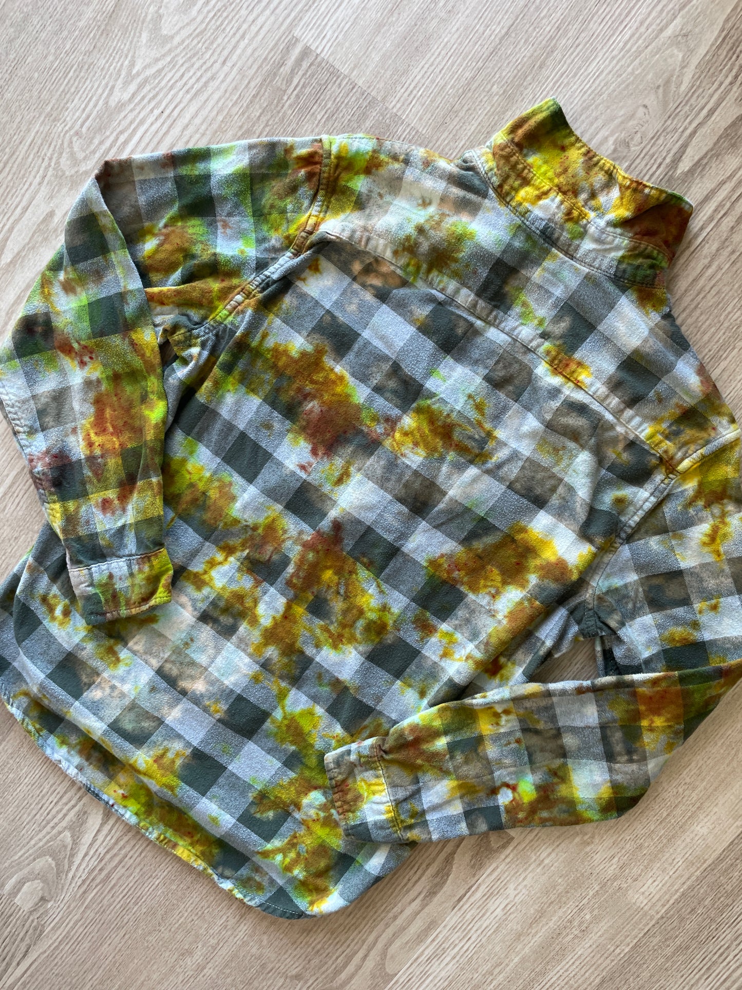 MEDIUM Men’s Climbing Shoe Green, Yellow, and White Handmade Tie Dye Flannel Shirt | One-Of-a-Kind Upcycled Long Sleeve