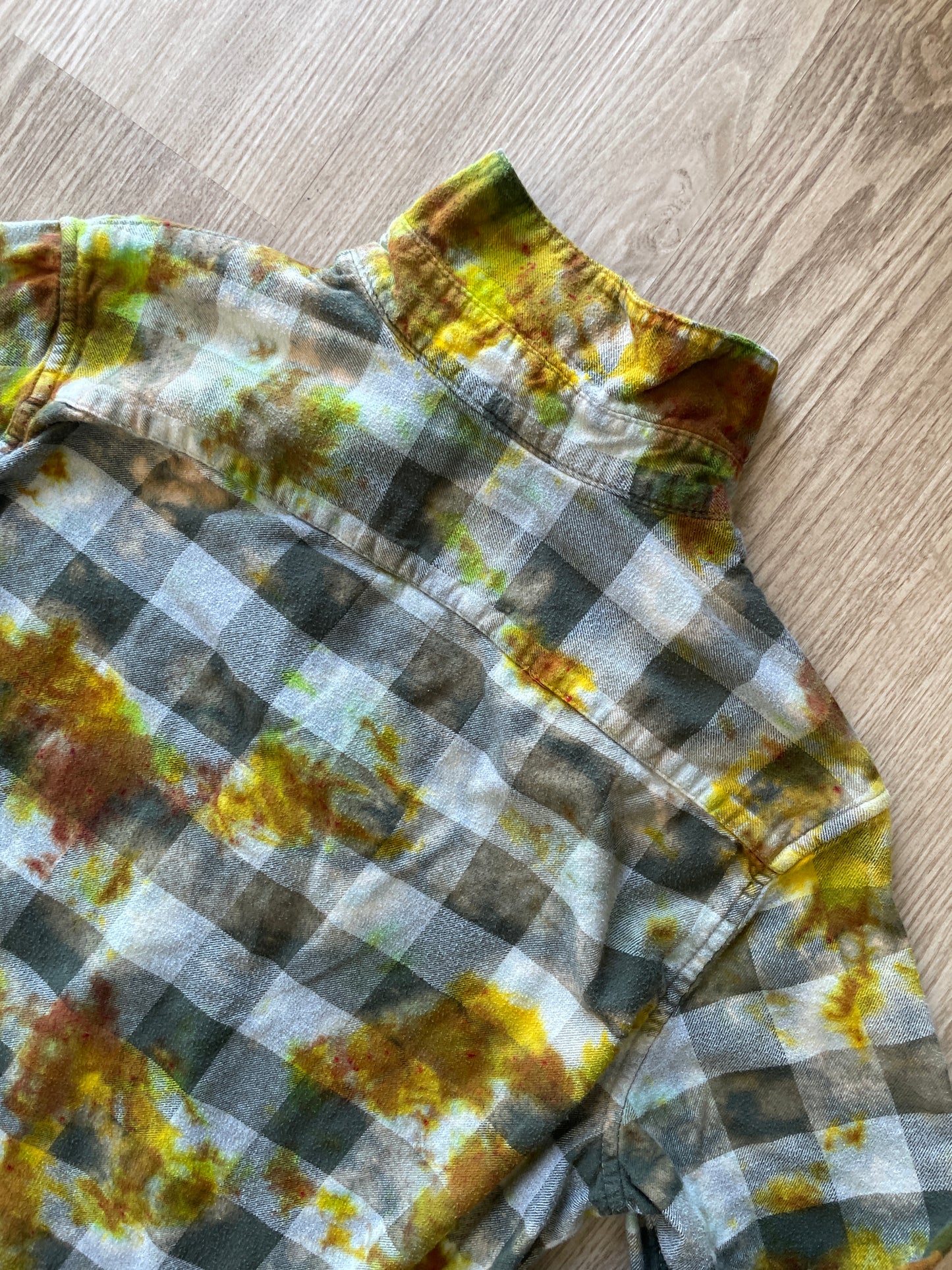 MEDIUM Men’s Climbing Shoe Green, Yellow, and White Handmade Tie Dye Flannel Shirt | One-Of-a-Kind Upcycled Long Sleeve