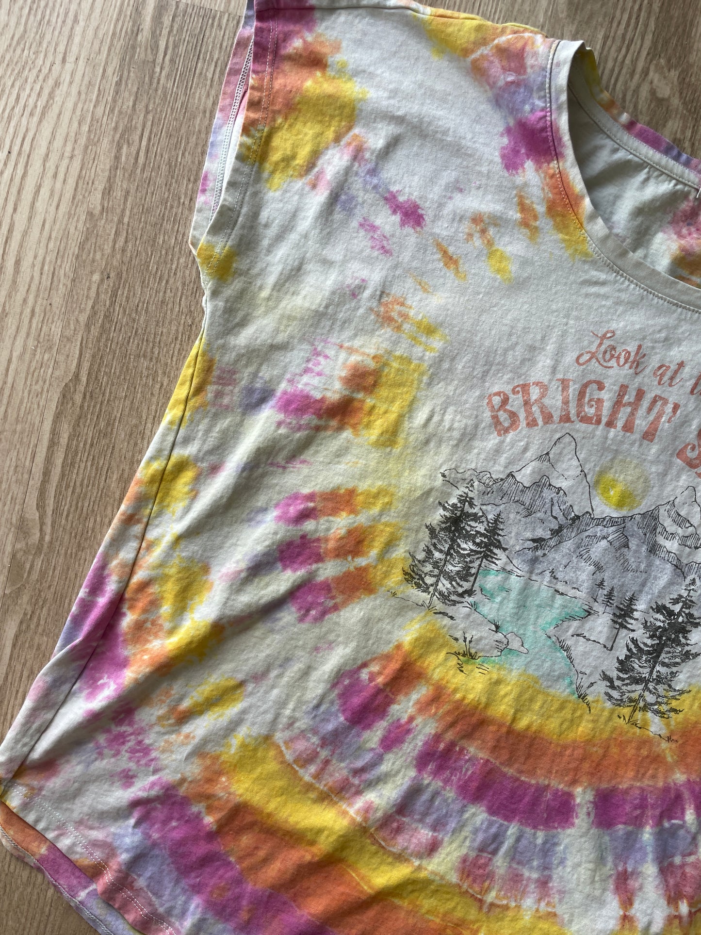 2XL Women’s Look at the Bright Sides Mountains Handmade Tie Dye T-Shirt | One-Of-a-Kind Pastel Short Sleeve