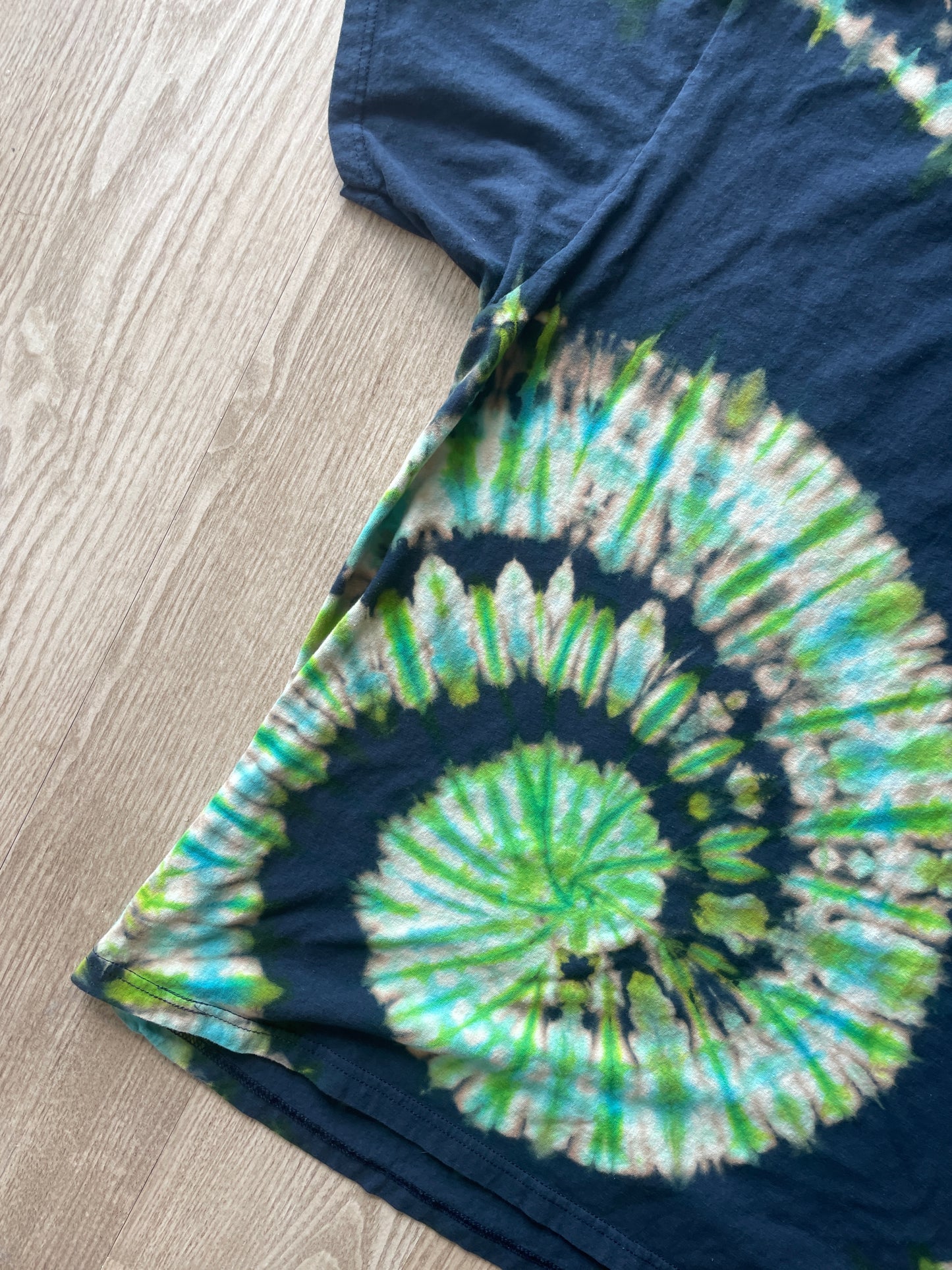XL Men’s Rick and Morty Handmade Tie Dye T-Shirt | One-Of-a-Kind Blue and Green Spiral Short Sleeve