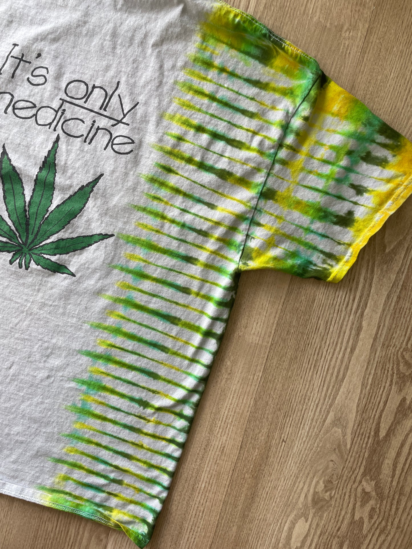 2XL Men’s Vintage Free Weed | It's Only Medicinal Double-Sided Handmade Tie Dye T-Shirt | One-Of-a-Kind White and Green Vintage Short Sleeve Shirt
