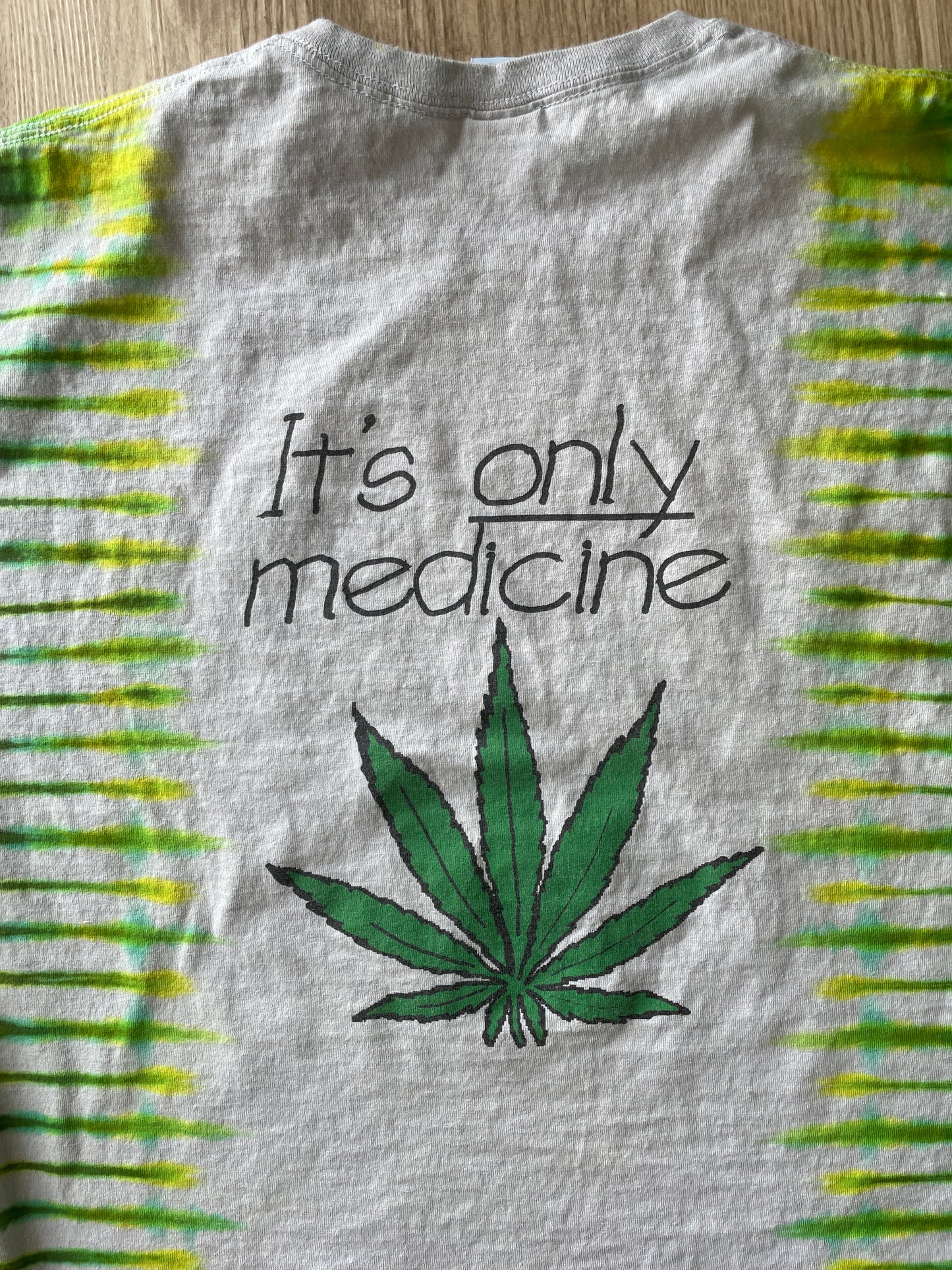 2XL Men’s Vintage Free Weed | It's Only Medicinal Double-Sided Handmade Tie Dye T-Shirt | One-Of-a-Kind White and Green Vintage Short Sleeve Shirt