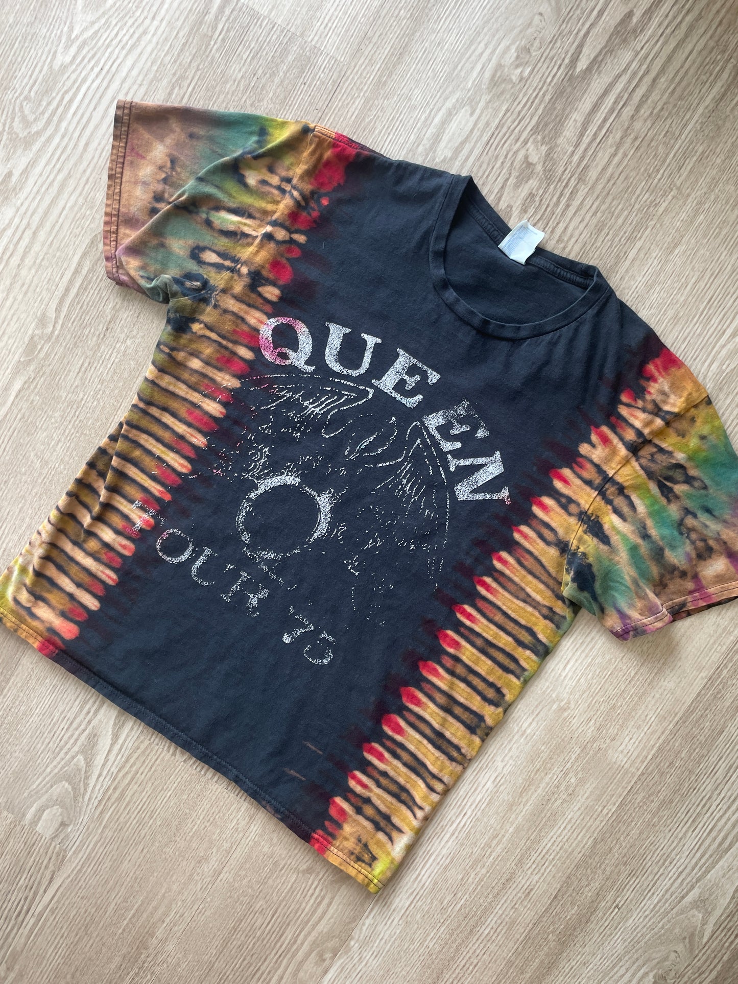 MEDIUM Men’s Queen 1975 Tour Handmade Tie Dye T-Shirt | One-Of-a-Kind Black and Rainbow Short Sleeve