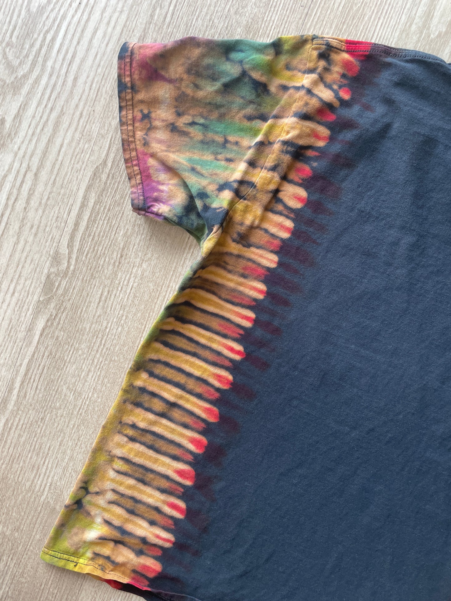 MEDIUM Men’s Queen 1975 Tour Handmade Tie Dye T-Shirt | One-Of-a-Kind Black and Rainbow Short Sleeve