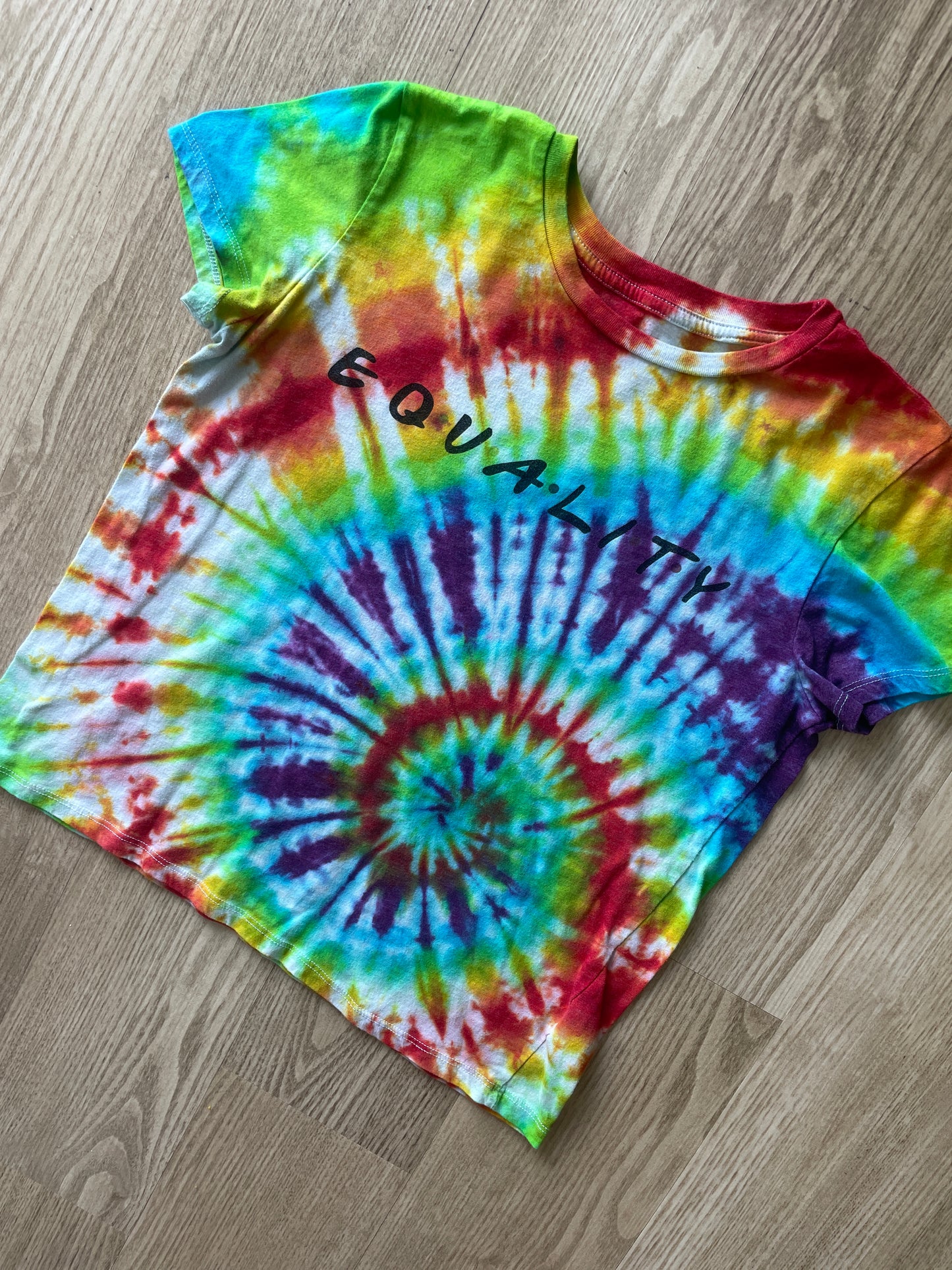 MEDIUM Women's Equality PRIDE Handmade Tie Dye T-Shirt | One-Of-a-Kind Rainbow Spiral Short Sleeve