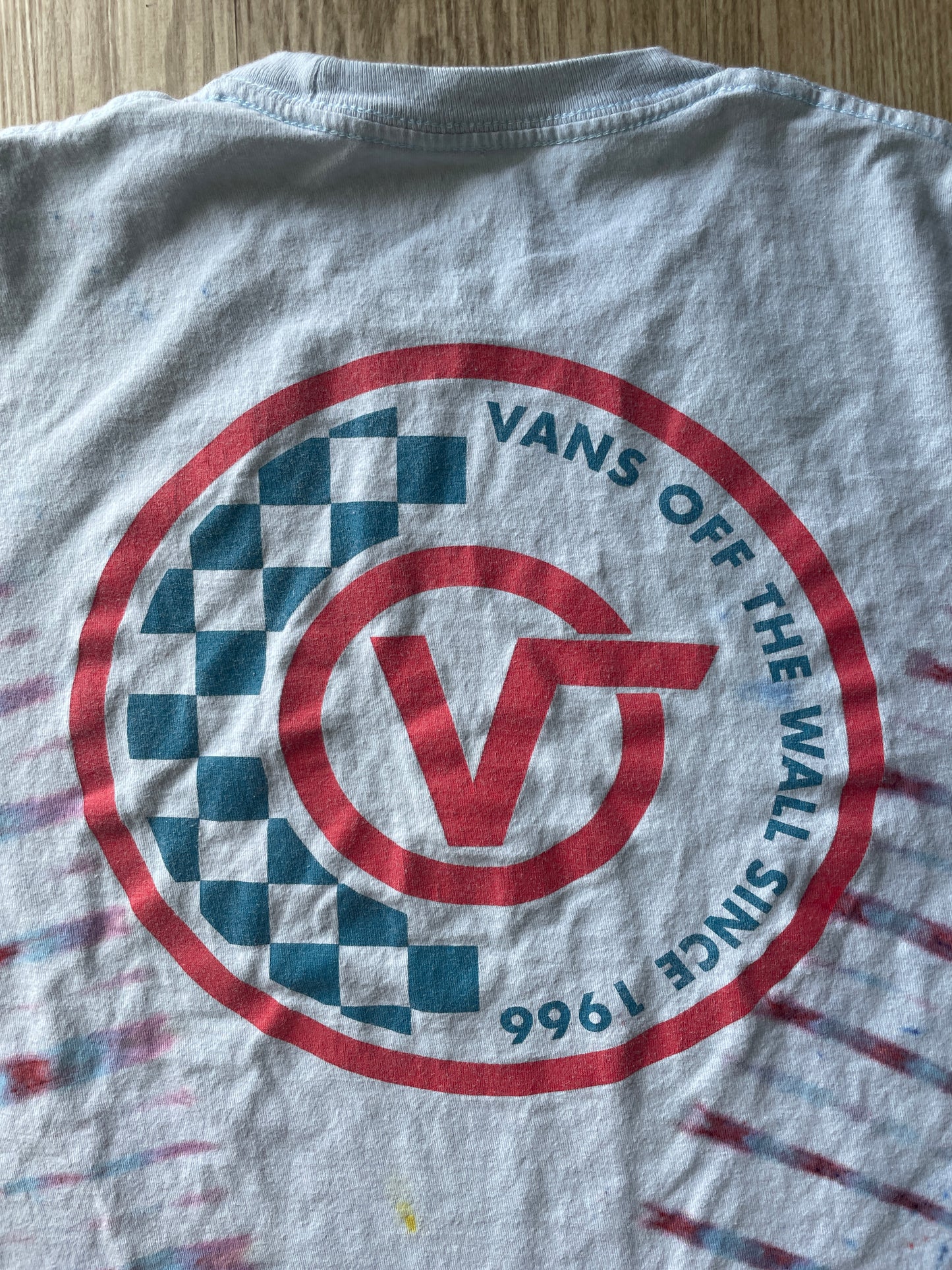 MEDIUM Men’s Van's Off the Wall Doublesided Handmade Tie Dye T-Shirt | One-Of-a-Kind Pastel Pink and Blue Short Sleeve