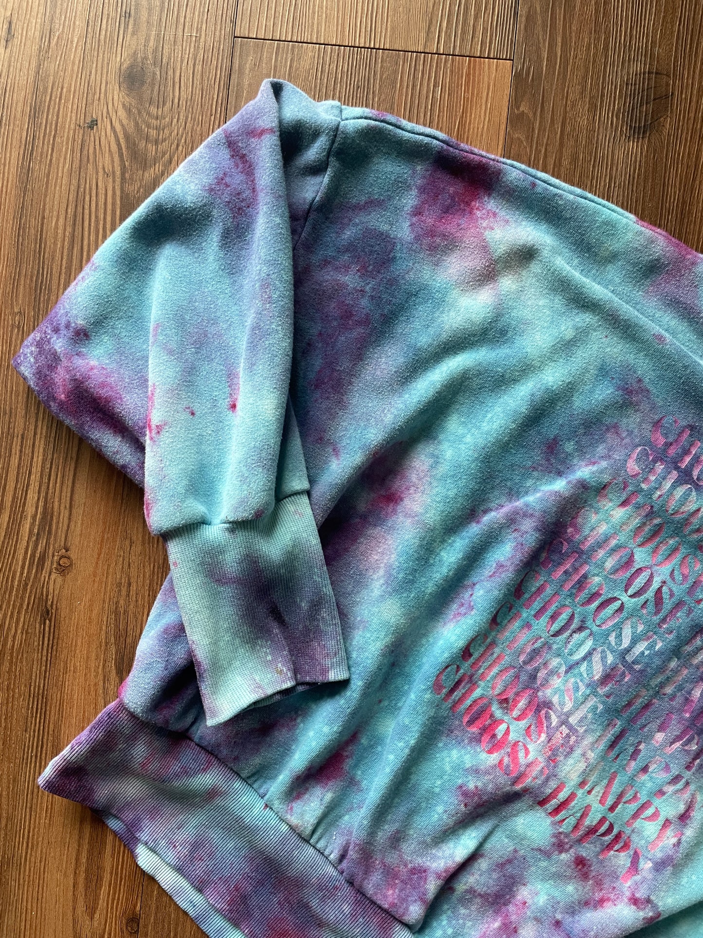 Large Women's Choose Happy Handmade Tie Dye Cropped Sweatshirt | Purple and Pink Galaxy Ice Dye Tie Dye Sweatshirt