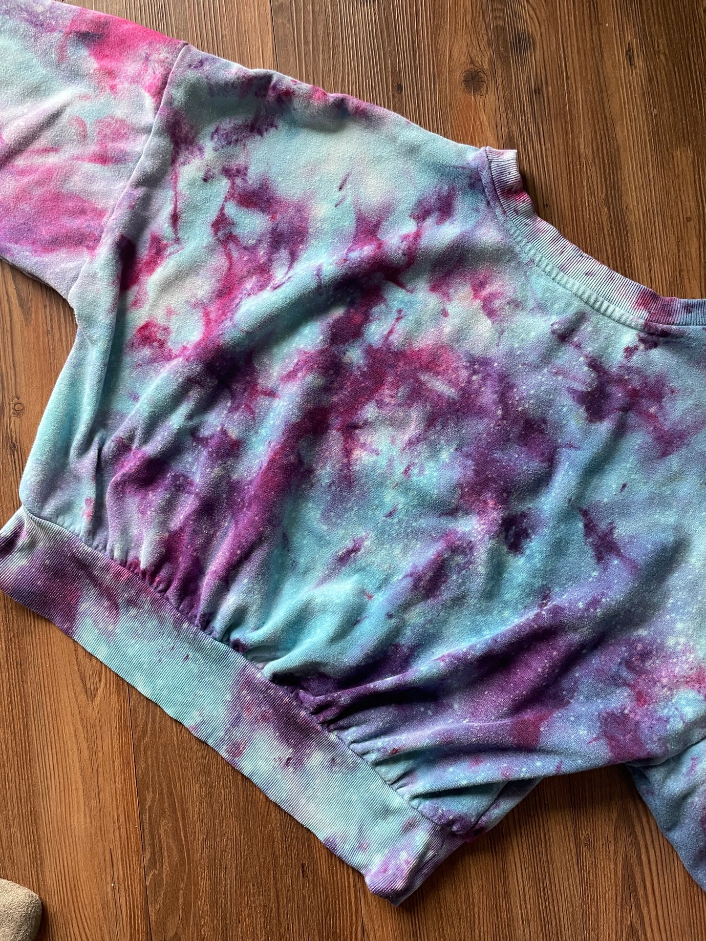 Large Women's Choose Happy Handmade Tie Dye Cropped Sweatshirt | Purple and Pink Galaxy Ice Dye Tie Dye Sweatshirt